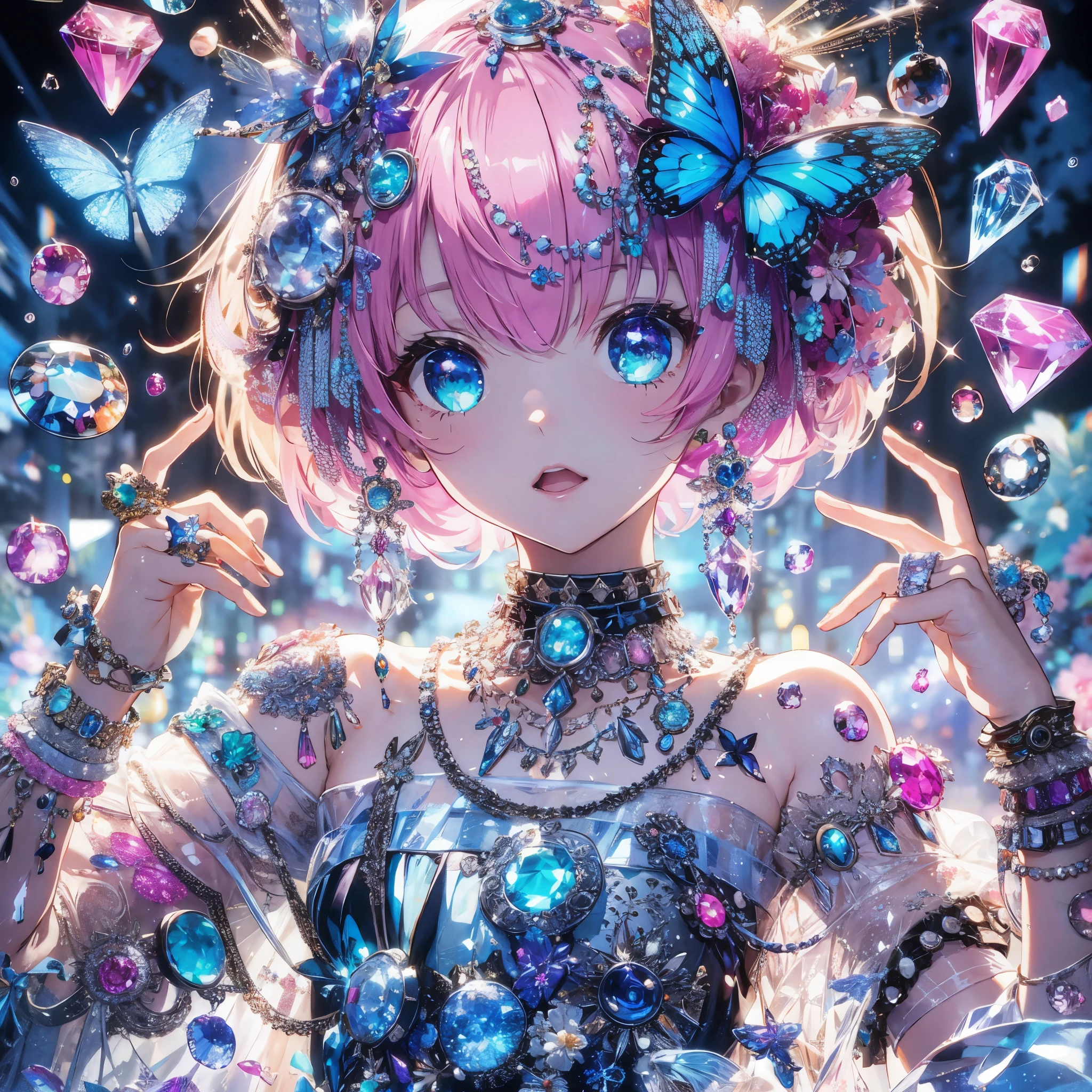 Create a high-resolution, highest quality vivid anime scene focusing on shiny, reflective, bright jewelry elements. The girl with glowing pink bobbed hair and luminous blue eyes is adorned in a crystal clear costume, heavily accented with punk and whimsical elements, blue butterfly accessories, and numerous gems. The background features abstract glow chaos with scattered gems and focused light effects on the gems' sparkle, creating a lavish scene of profuse blooming. The artwork combines rich textures, detailed linework, cell shading, and vivid colors to highlight the luxurious allure of jewelry.