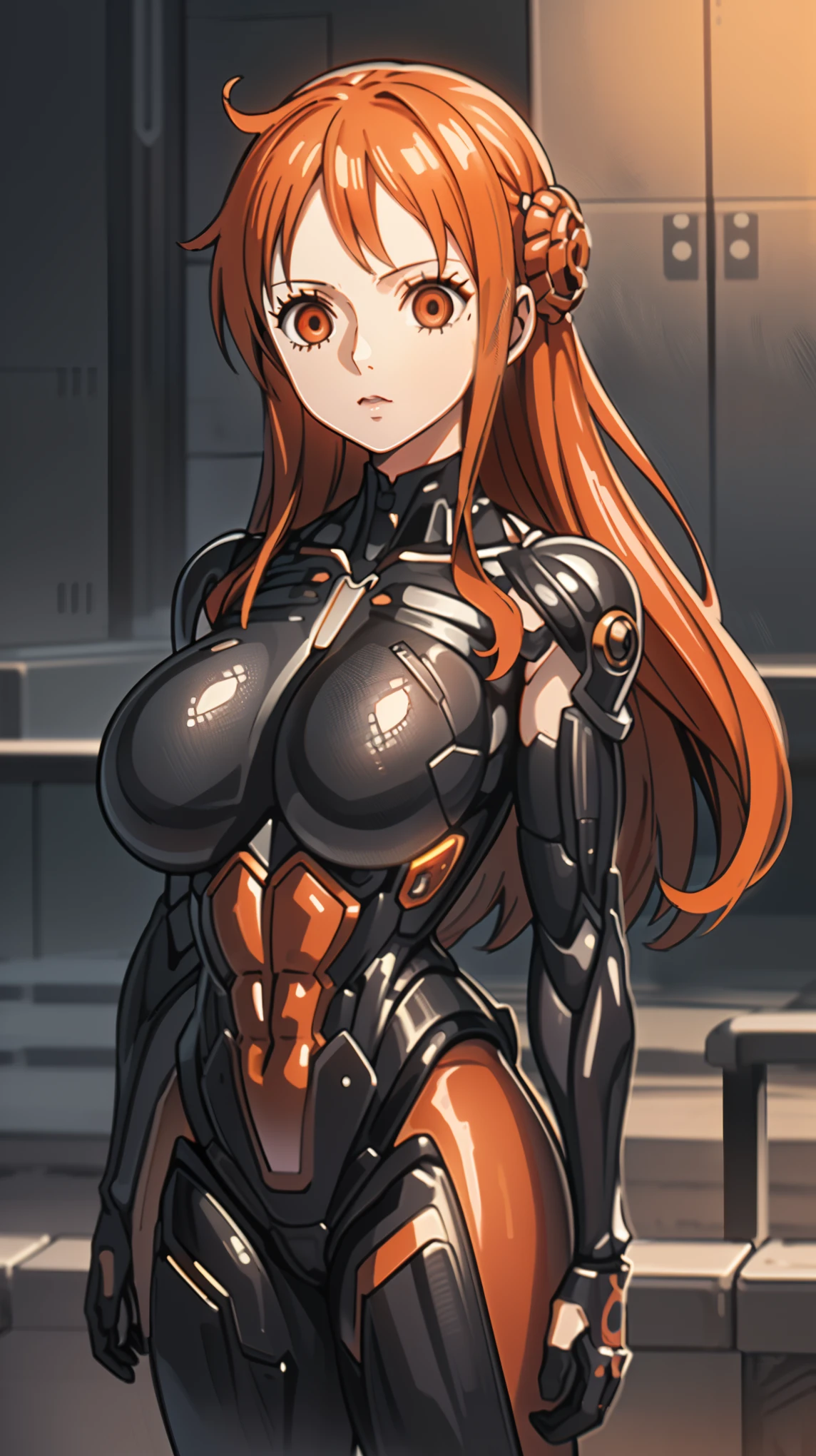 1 girl,NSFW,Nami ,(one piece),orange hair,  clavicle, absurd, brainwashing,empty eyes,((Glowing crimson eyes 1.5)),  (huge breasts 1.2), No expression, emotions are removed,(black nano suit),avert your eyes , 全身shape, ((stand up)),(highest quality、4k、8K、High resolution、must have:1.2)、Super detailed、(reality、reality的なです、reality的な:1.37)、ticker、hyper hd、studio lighting、ultra definition paint、sharp focus、Physically based rendering、extreme details、Professional specifications、vibrancy and color、blurry、sports portrait、landscape、horror style、anime big breasts、SF、photograph、concept artist、five fingers, perfect body,  {{{masterpiece}}}, {{{highest quality}}}, {{Super detailed}}, {shape}, {{very delicate and beautiful}},Improved cost performance、all roles、Canon 5D MK4でphotograph、photograph, 