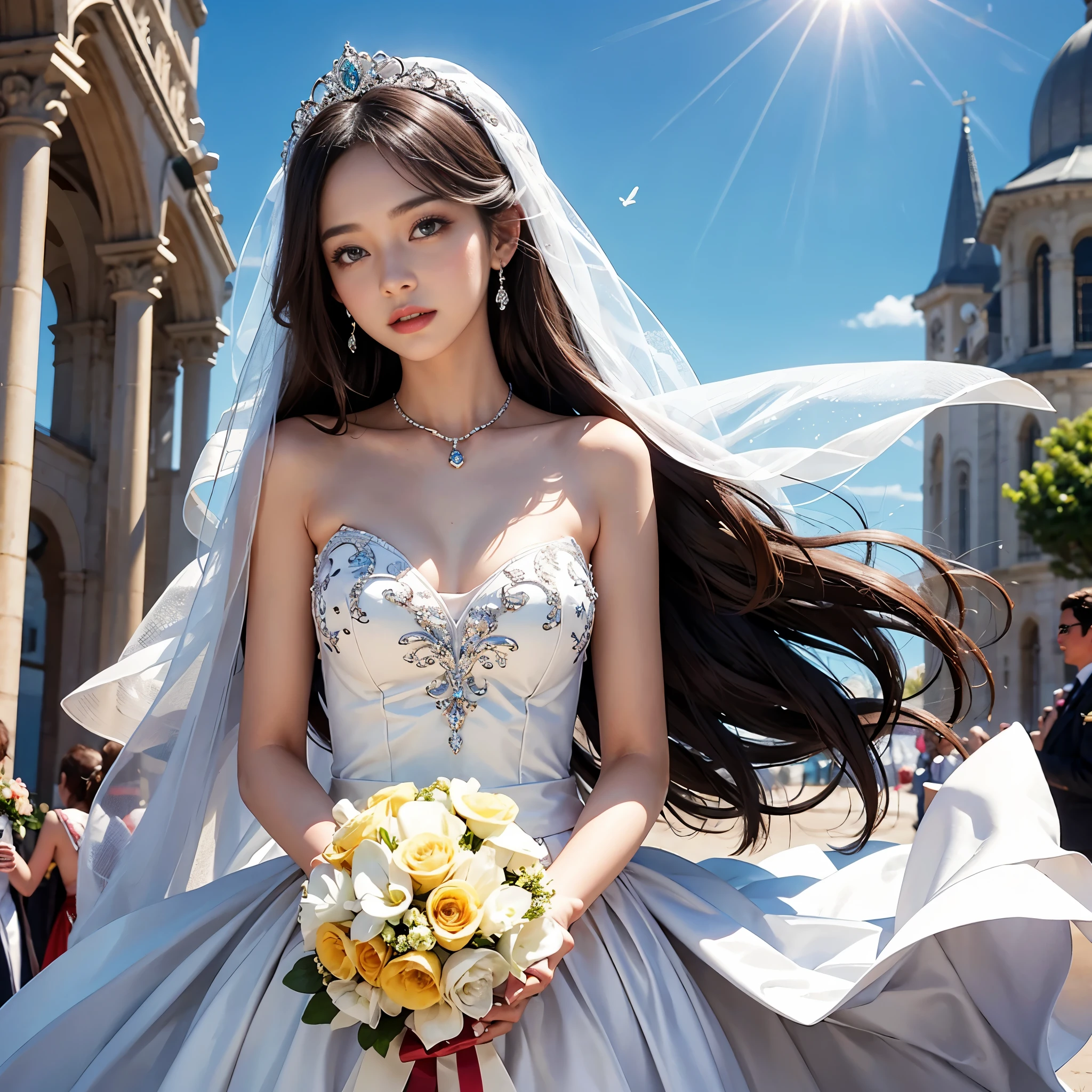best quality, masterpiece, 1 girl, yak, cute , shiny lips, sweet, sun glare, Conservative attire, Bead material bell-line wedding dress, white gloves, bouquet, bridal tiara, depth of field, blurred background, Cathedral Background, light particles, strong wind, head tilt, long hair,
