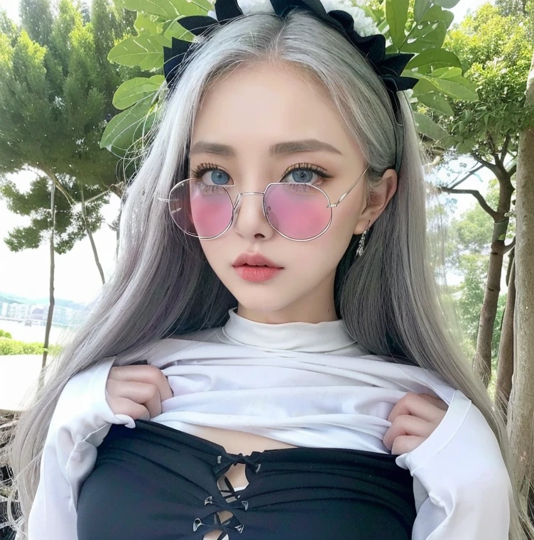 1 miniature Beautiful beautiful woman - Yuan Sayuki, ((top quality, 8K, Masterpiece:1.retty woman, 1 woman, huge breasts:1.3, a slim body:1.1, lush white long hair, (shower, wet body, wet clothes:1.1), very detailed face, detailed lips, detailed eyes, double eyelids, Detailed blue eyes, чрезвычайно Detailed Outstanding Blue Eyes, white wet hair, white wet hair, Detailed Outstanding Blue Eyes, innocent look at the viewer, very wet wavy white hair, Detailed Outstanding Blue Eyes, huge cross earrings, Outdoors, badges behind, gothic wedding uniform, sexy gothic style wedding dress with veil, bare chest, huge chest tattoo wearing a wreath, detailed huge earrings, chest tattoo, Outside - there are trees and a buddhist temple in the background, wear a silver cross (Detailed cross shape), reality mode, wet breasts, black necklace, black wedding dress and black veil, human crowd behind, head/forehead chain veil, black latex gloves, naked breasts, naked breasrs, naked nipples, hair of white snowy colour, accurately detailed RED TAINTED GLASSES