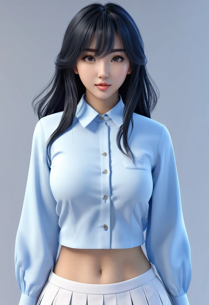 alta qualidade, 4K, Enquadrado, Retrato aproximado de uma mulher de cabelo preto com camisa branca e saia azul claro, photorealistic rendering of anime girl, Cute anime girl 3D rendering, April rendering, Modelo de corpo inteiro Anime VTuber, xianxia de corpo inteiro, Modelo Youtuber Virtual Live2D, Arte suave em CG de anime, Retrato realista de corpo inteiro estilo anime realista 3D, corpo inteiro fotorrealista