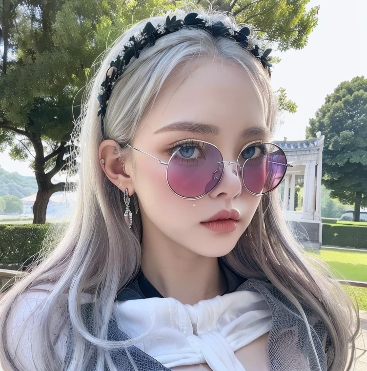 1 miniature Beautiful beautiful woman - Yuan Sayuki, ((top quality, 8K, Masterpiece:1.retty woman, 1 woman, huge breasts:1.3, a slim body:1.1, lush white long hair, (shower, wet body, wet clothes:1.1), very detailed face, detailed lips, detailed eyes, double eyelids, Detailed blue eyes, чрезвычайно Detailed Outstanding Blue Eyes, white wet hair, white wet hair, Detailed Outstanding Blue Eyes, innocent look at the viewer, very wet wavy white hair, Detailed Outstanding Blue Eyes, huge cross earrings, Outdoors, badges behind, gothic wedding uniform, sexy gothic style wedding dress with veil, bare chest, huge chest tattoo wearing a wreath, detailed huge earrings, chest tattoo, Outside - there are trees and a buddhist temple in the background, wear a silver cross (Detailed cross shape), reality mode, wet breasts, black necklace, black wedding dress and black veil, human crowd behind, head/forehead chain veil, black latex gloves, naked breasts, naked breasrs, naked nipples, hair of white snowy colour, accurately detailed RED TAINTED GLASSES