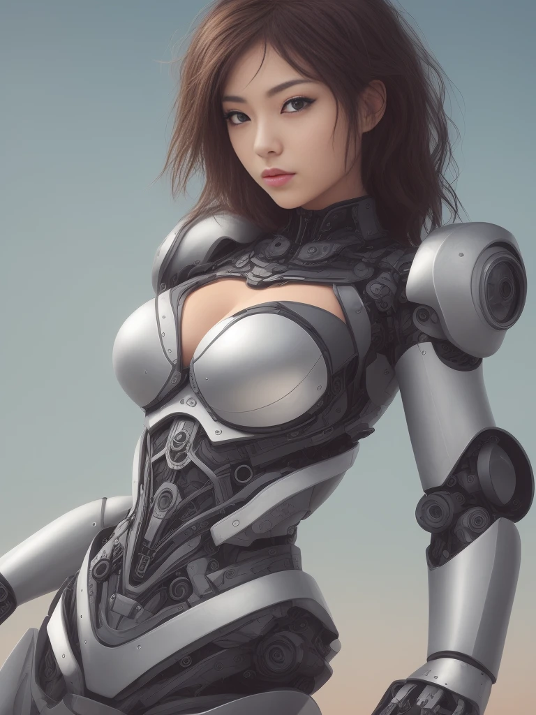 japanese girl head, shoulders, chest and belly. robot arms, hips and legs, metal bra with cleavage and flat belly, shoulder armor, hip armor, extremely pretty and feminine, , slender figure, full hips, sharp image, gallery quality, illustration, award winning, highest quality, bokeh, science fiction background, fantasy, RGB glowing trim on outfit, detailed shadows, intricate robotic details, detailed hair, hair blowing in wind, dark brown hair