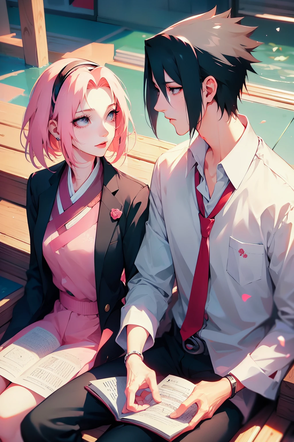 sasusaku. Sasuke Uchiha, a tall man with black hair, wearing a white blouse and jeans, is a high school student, with his hands in his pockets. Sakura, a thin woman with pink hair, she is after Sasuke, she is a rebel. best quality, adorable, ultra-detailed, illustration, complex, detailed, extremely detailed, detailed face, soft light, soft focus, perfect face. In love, illustration. two people, couple