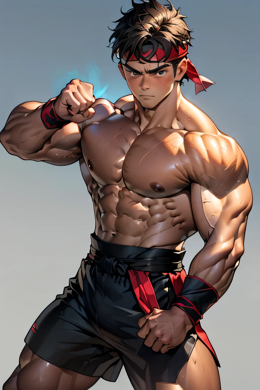 (Masterpiece, Best quality 19 year old boy, simple background, cowboy shot), solo, Young, boy, muscler, Shirtless, topless, (Dark Short straight hair, under cut, brown eyes), (red headband, ((black wristband, weist sash))), Vivid colors, (hot Abs:1.2, abs!, big abs, big breast:1.2, chest!, muscler upper arms, mighty fist), (topless male), closed mouth, muscler!, muscler body, Man with martial arts stance, (aura power:1.4), detailed face, detailed muscle, ((( random fighting pose, aggressive, powerful, action, rippling muscles)))