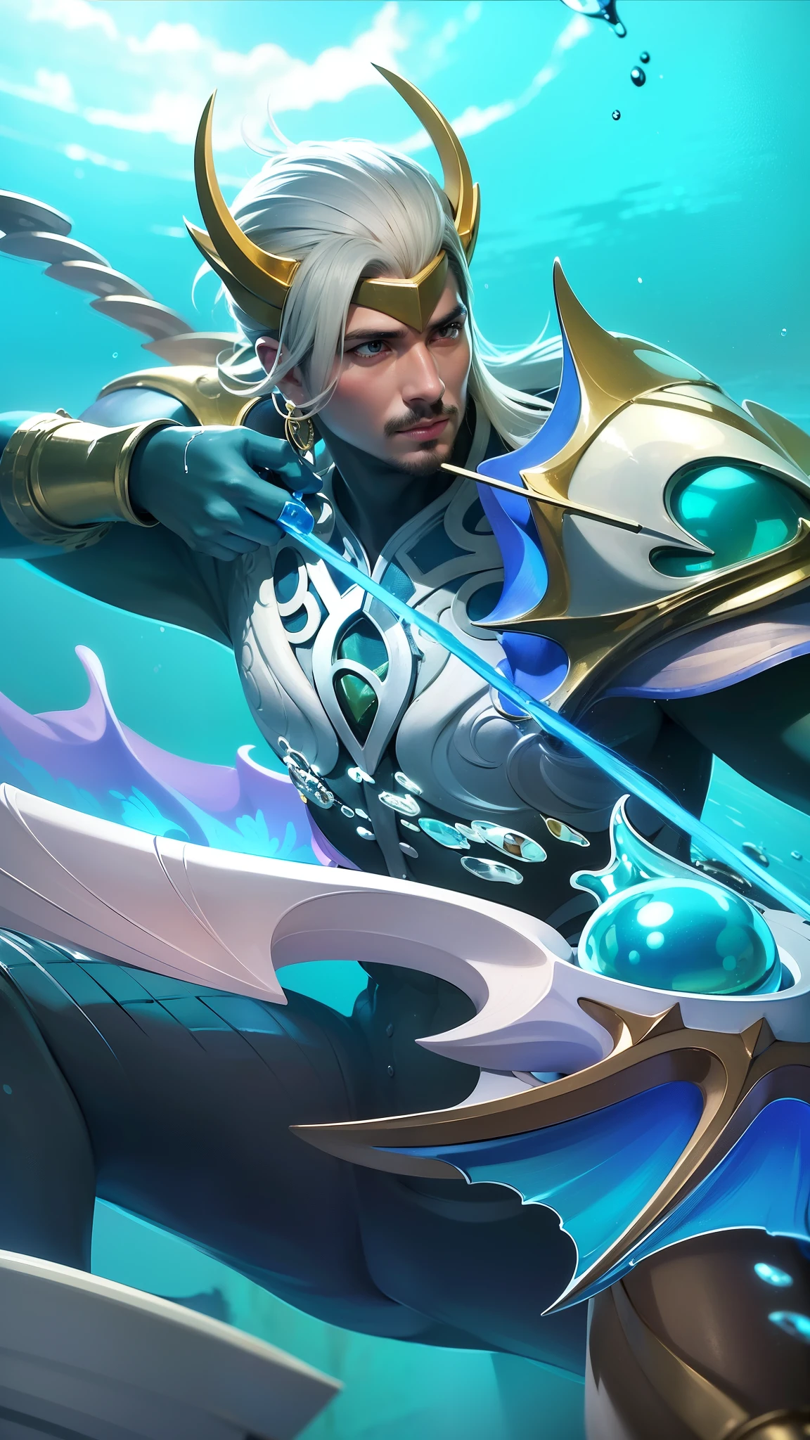 Young man with a bow and hand holding arrows, 8k, ultra hd, ultra detailed texture, hyper realistic, masterpiece, detailed texture, detailed face, detailed skin, detailed lighting, (photorealistic:1.5), best quality, beautiful lighting, cinematic lighting, professional lighting, ultra highres, realistic, detailed hair, real hair, high quality, (realskin:1.5), extremely detailed, finely detail, ultra-detailed, young man in a body of water, man with mustache and beard.