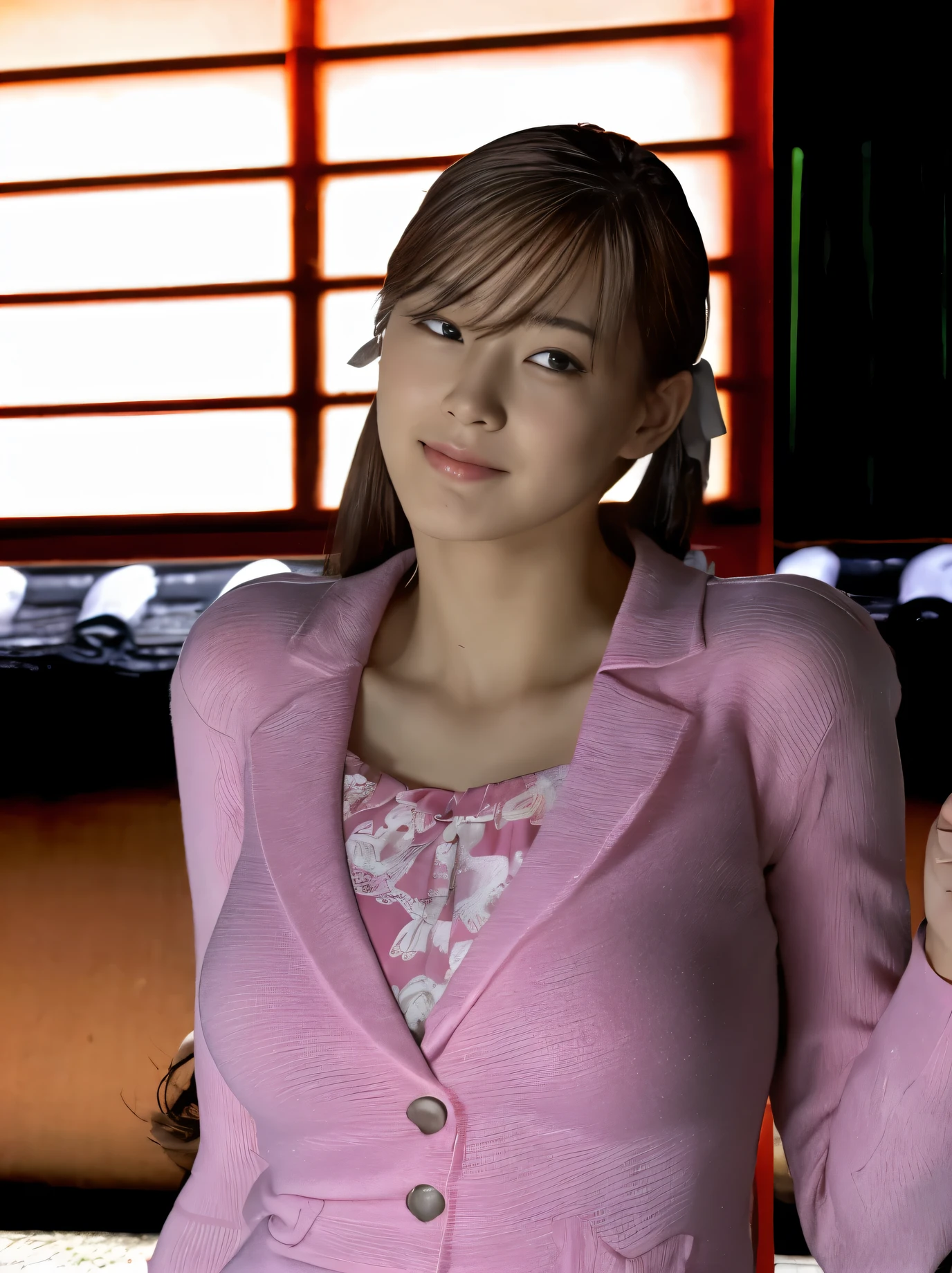 highest quality。8K-Picture。young gravure idol。Beautiful Women in perfect style。she'She's thin but her breasts are big。The charm of the gap。slim abs。dark brown hair。(big breasts:1.4)。cute eyes。double eyelid。length, wavy hair。Very delicately drawn face。perfect style。Shot in a red swimsuit。(The fate of gravure idols、big breasts:1.4)。subtle smile or shy。