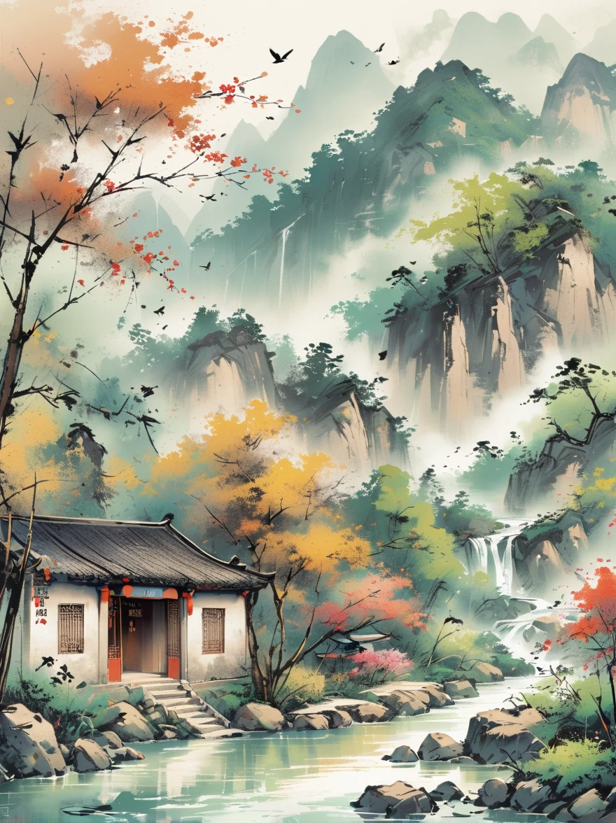 Qiman.com,  a river，There is a boat in the water，There is an island on a mountain, ink painting, Chinese style, 