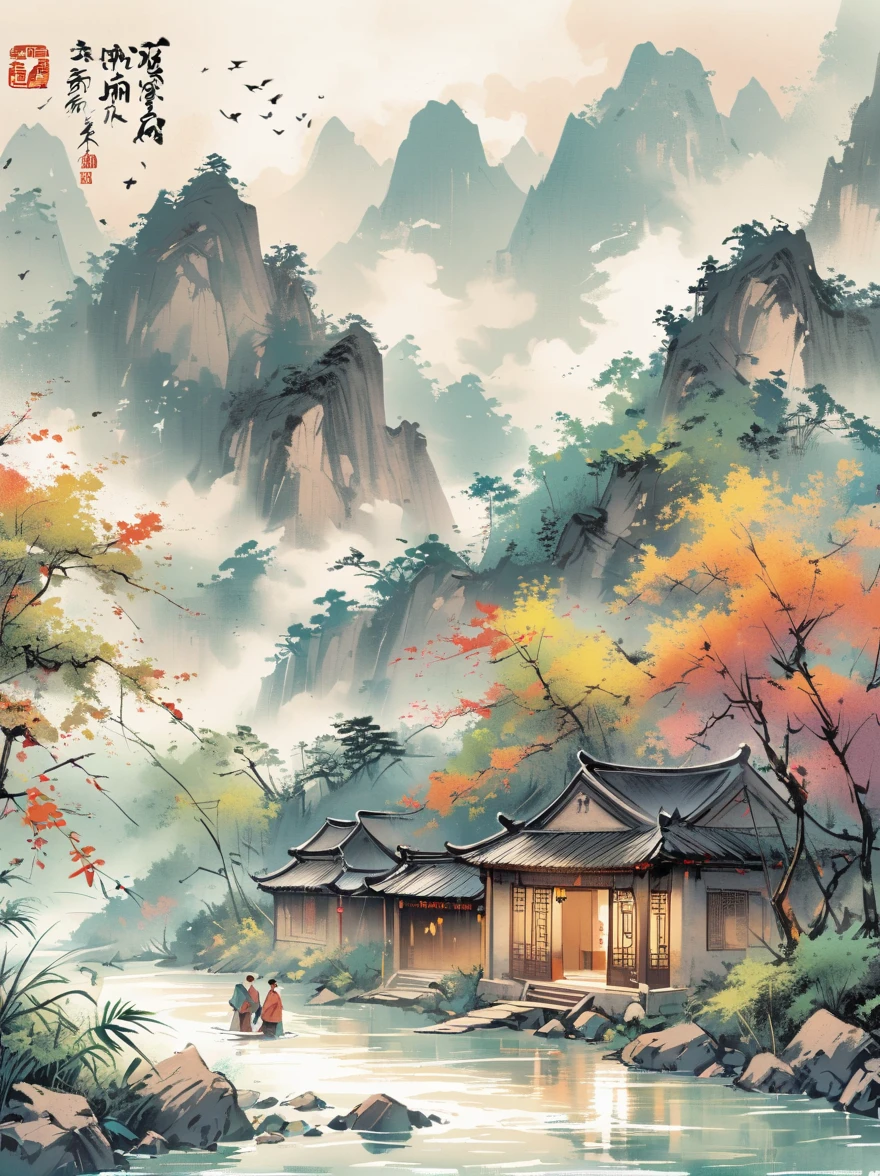Qiman.com, a river,There is a boat in the water,There is an island on a mountain, ink painting, Chinese style,