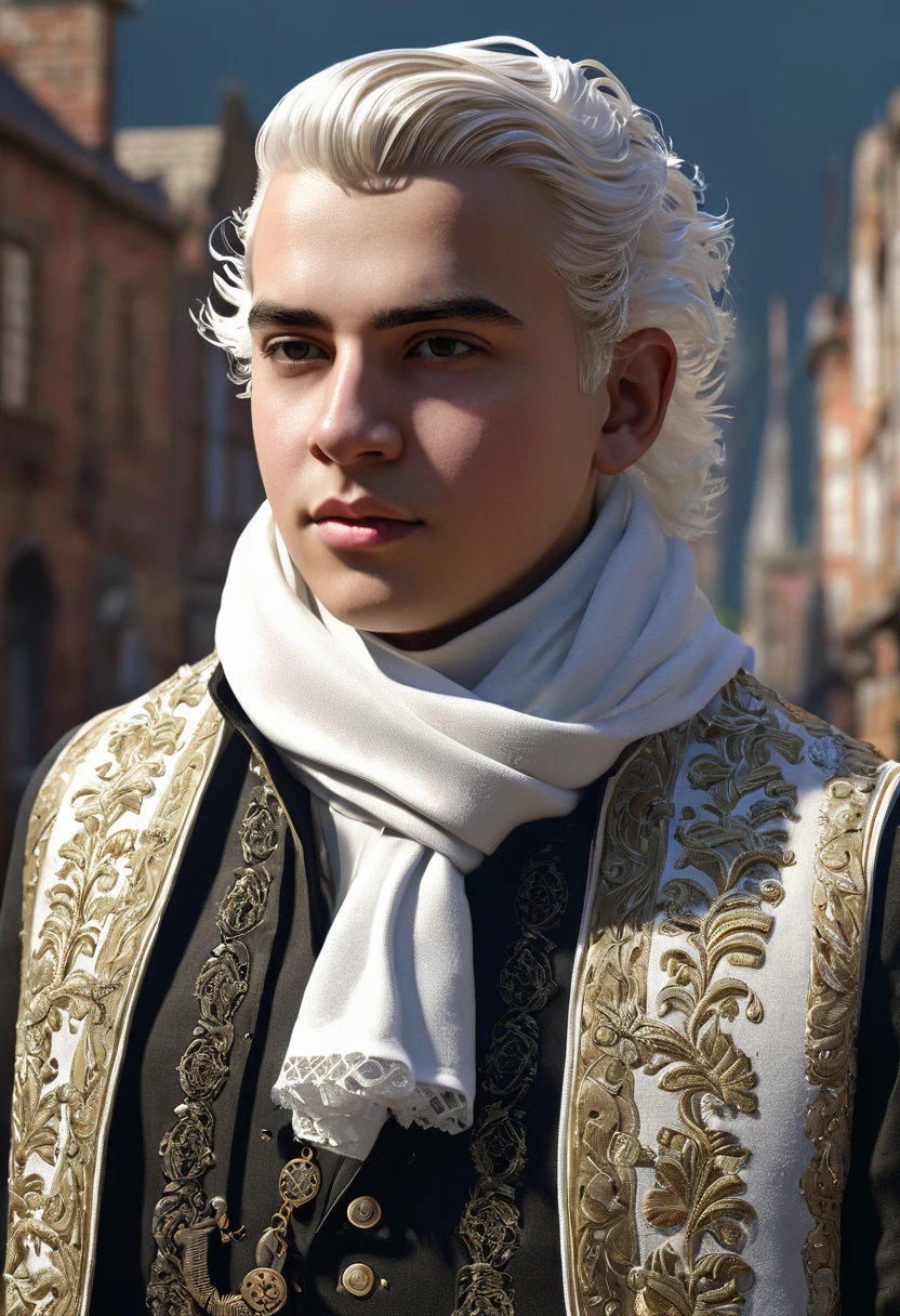 timochal2023, 1 menino, o Matrix, seventeenth-century clothing, White scarf, durante, steampunk, Ultra HD, Melhor qualidade, obra de arte, trends on artstation, rtx on, reflections, dramatic lighting, cinematic lighting, profundidade de campo, Sorriso, Gothic,with the cortr disguised in the hair and platinum with the letter S in the hair