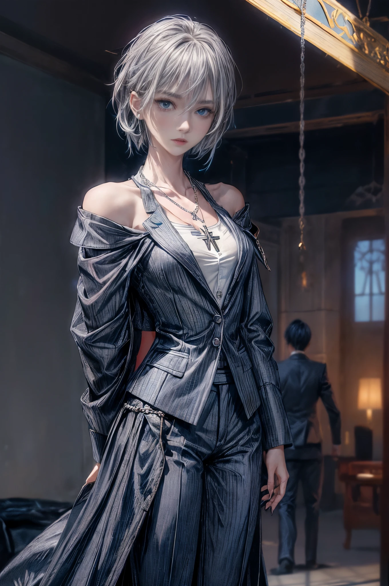 cinematic lighting、highest quality,Bright cyberpunk world、1 female、(25 year old beautiful woman、detailed beautiful facial 、short hair、shoulder length hair、blue eyes:1.4)break,medium hair、(vivid Shiny Blackヘアカラー:1.6)
break
(Perfect dark grey jacket blazer、Dark gray trousers:1.3), (white collar shirt👔、Silver Cross Necklace:1.3)、break.(blue hair)
(stylish, modern architectural style、bright ceremony atmosphere、A spacious room with large windows々としたstylishなモダンな会場、daytime:1.2)break(portrait angle)