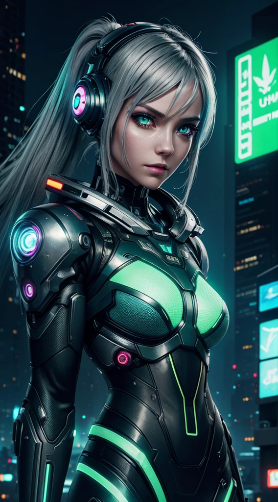 cyborg girl, robot hand, green eyes, cyberpunk city background, neon light, grey hair, masterpiece, ultra high details