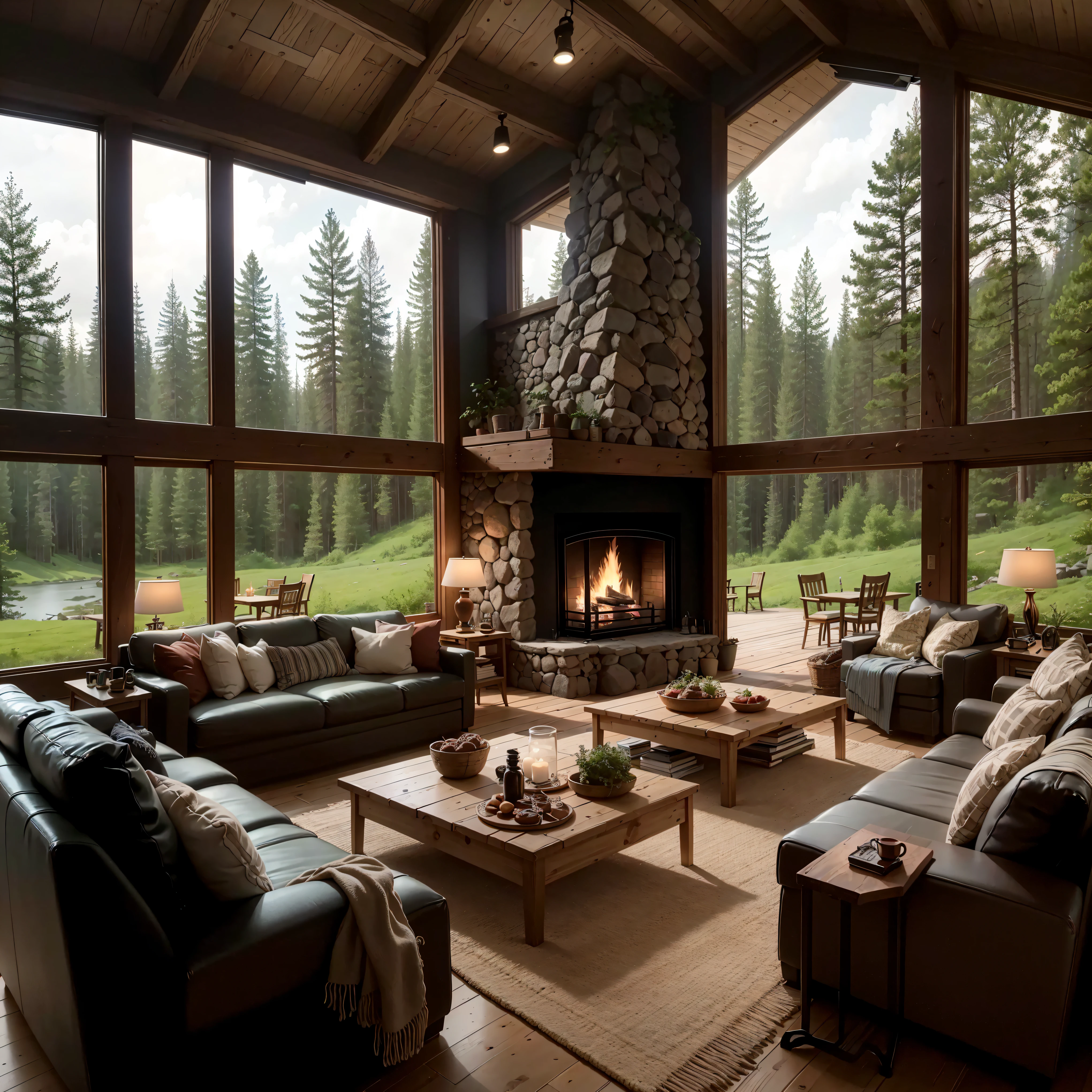 THIS EVENING WOODEN CABIN LIVING ROOM ANIME BACKGROUND, (COZY ATMOSPHERE), (SUBTLE LIGHTING), BRIGHT STONE FIREPLACE FIRE, LIONSKIN RUG THIS EVENING BEST QUALITY, TRANSPARENT GLASS WINDOWS