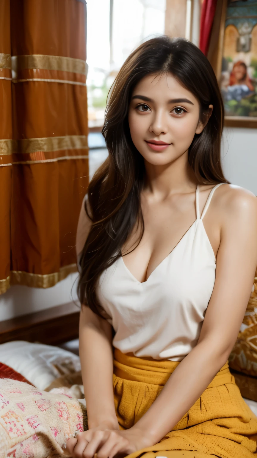(best quality, ultra-detailed, realistic:1.37), professional, beautiful detailed eyes, beautiful detailed lips, detailed facial features, natural skin tones, perfect skin texture, delicate facial expressions, image in high resolution, realistic face, realistic skin, plain face, natural smile, highly detailed hair, (Ecce), 18yo, (a beautiful Turkish girl), immerses herself in the vibrant atmosphere of a Turkish bazaar. Dressed in a trendy outfit, she sitting on bed, surrounded by colorful textiles, spices, and handicrafts. The high-resolution image captures ultra-detailed realism, highlighting Ecce's captivating eyes, long eyelashes, and smooth complexion. The lively ambiance of the bazaar adds to the cultural richness, creating a visually stunning representation of a Turkish adventure.