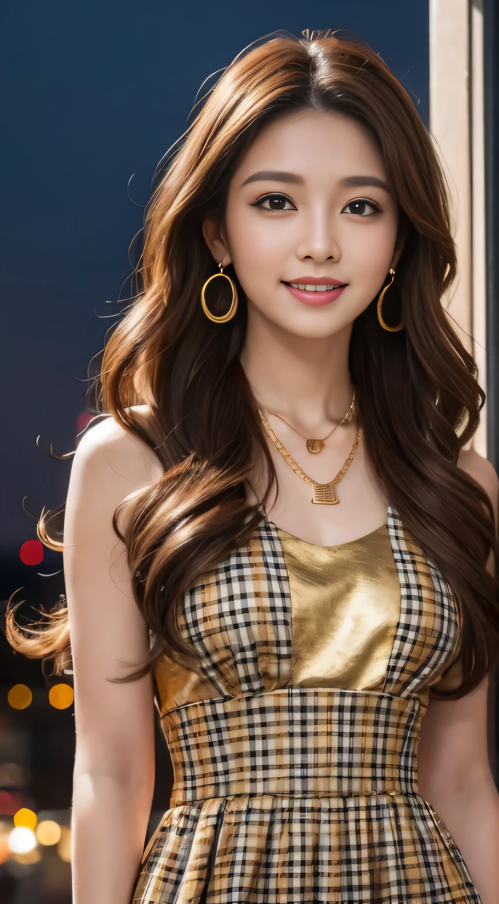 masterpiece, highest quality, realistic, Super detailed, small details, High resolution, 8k wallpaper, 1 beautiful woman, wear casual business wear, in a great restaurant, At night, light brown messy hair, perfect dynamic composition, beautiful and detailed eyes,((Hair with loose waves inside:1.2)),((gold necklace_Large earrings:1.2)),((Super long brown hair:1.2))、fullbody shot、((full figure supermodel standing, entire body in frame))、((look down at the viewer,from below:1.5))(Complex and bold plaid dresses:1.3)),((shy smile:1.3))