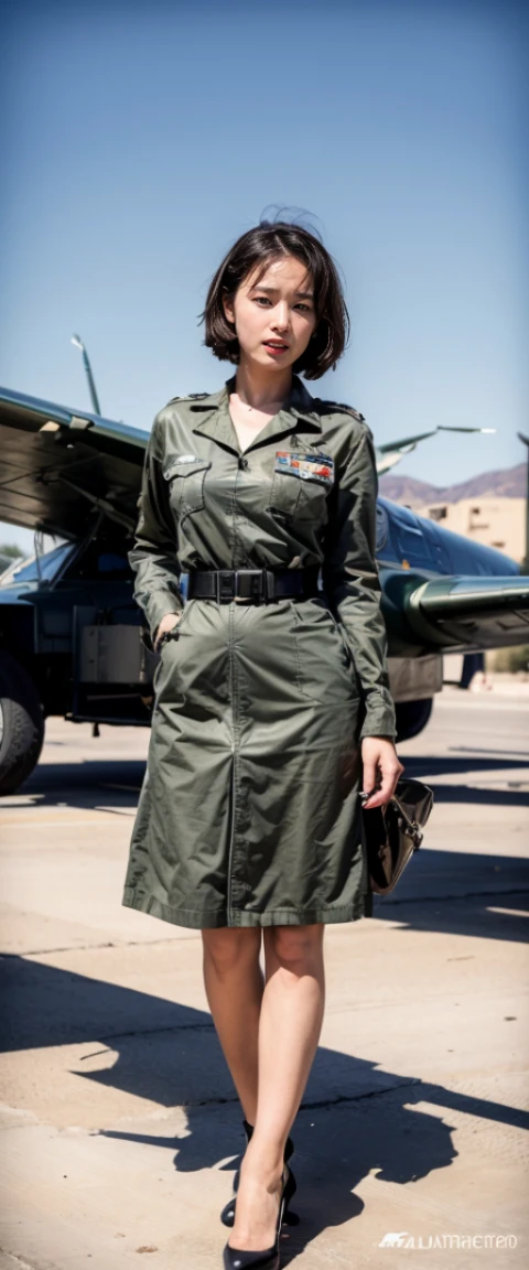 ((masterpiece, best quality, Highest image quality, High resolution, lifelike, original photo, 8K)), View of the military airport Alafid,There is a World War II fighter plane parked in front, with 机场searchlight, A female soldier is waiting for guests in front of the plane, lure, WWII military uniform and high heels, American female soldiers,Route 6 6, searchlight, 1 9 5 0 s United States Travel, some have searchlight, 外面searchlight, searchlight, gigantic searchlight, in arnie swicker, few searchlight, searchlight in background,