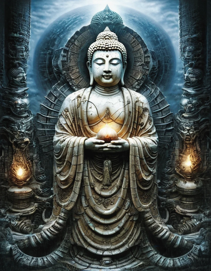 look up,BDO works by American digital artist Stuart Lippincott,Use advanced tones and shading,Creates a dazzling and mysterious light,The deep spatial pattern and mysterious atmosphere,Create a sci-fi mechanical god realm,Highlighting the insignificance of human beings,,(huge silent sculpture of Buddha's head),(There are two tiny humans standing on the shoulders of Tathagata Buddha),and fear of the unknown,"huge silent object",huge,Objects with mysterious powers,Extraterrestrial or unknown origin,unknown maker,Unknown mysterious force,With extreme、unusual or unpredictable qualities,huge,Closed,Clam up,