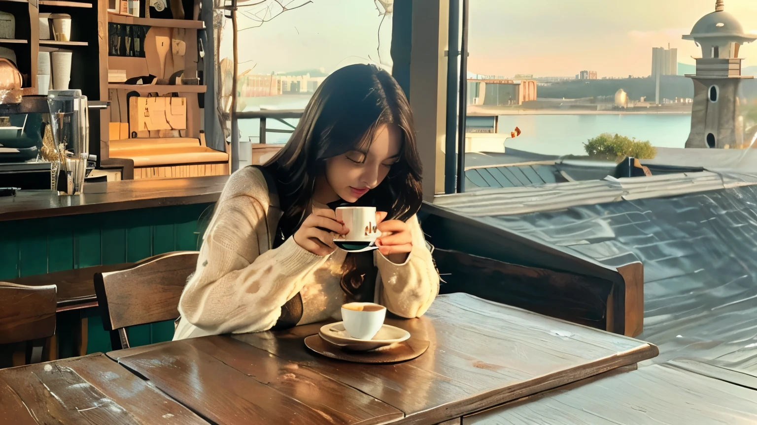 Snowy day.There is a woman drinking a cup of coffee, portrait of Lopi on the window, beautiful digital art, portrait of morning coffee, realistic illustration of a cute girl, near the window, beautiful digital illustration, morning coffee, girl on the windowsill , morning humor, morning time, beautiful work of art, paper awesome wallpaper, near the window, beautiful character painting