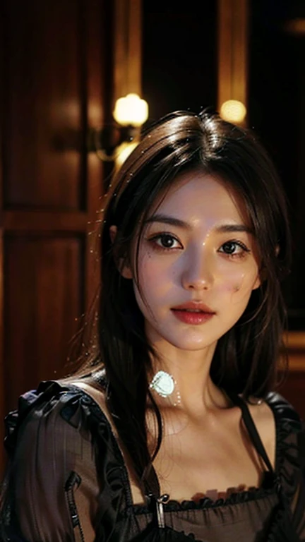 Eine Frau, Full body photo, Highest image quality, good quality, Der Hintergrund ist klar,Beautiful woman, japanisch, detailliert, detaillierte augen, detaillierte Haut, Nice skin, high resolution, (Wirklichkeit: 1.4),Sehr Beautiful woman, slightly younger face, Nice skin, (Ultra fotorealistisch), (high resolution), (8K), (sehr detailiert) (beautifully detailed eyes), (super detailliert), (detailliert face), den Betrachter ansehen, Feine Details, detaillierts Gesicht, Starrt geradeaus, Starrt geradeaus, Fotos realistisch, Helle Beleuchtung, Professionelle Beleuchtung, schwarzes Haar, Pferdeschwanz, junges Gesicht, 23 Jahre alt, Slight smile, Orange long dress with lots of ruffles, weich geformter kurzer Rock, Nahaufnahme des Gesichts,