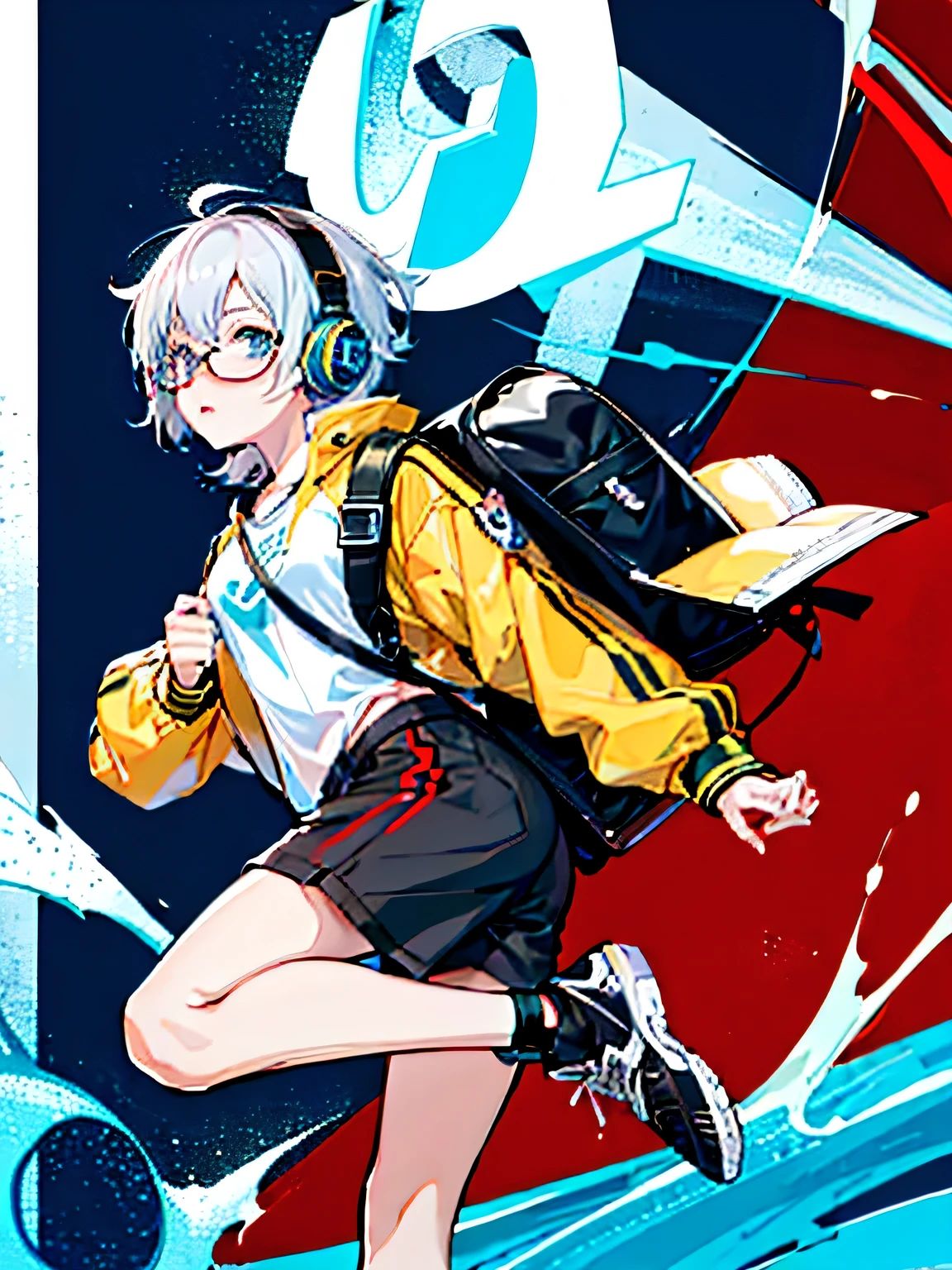 A woman with white short hair and glasses wearing black shorts and a backpack and a yellow jacket is running with headphones, High quality anime art style, style anime, anime style 4k, Anime visual of a cute girl, anime girl running, best anime 4k konachan wallpapers, anime cover, Main animation art, Anime cute art style, girls frontline style, modern anime style, anime style characters, young anime girl