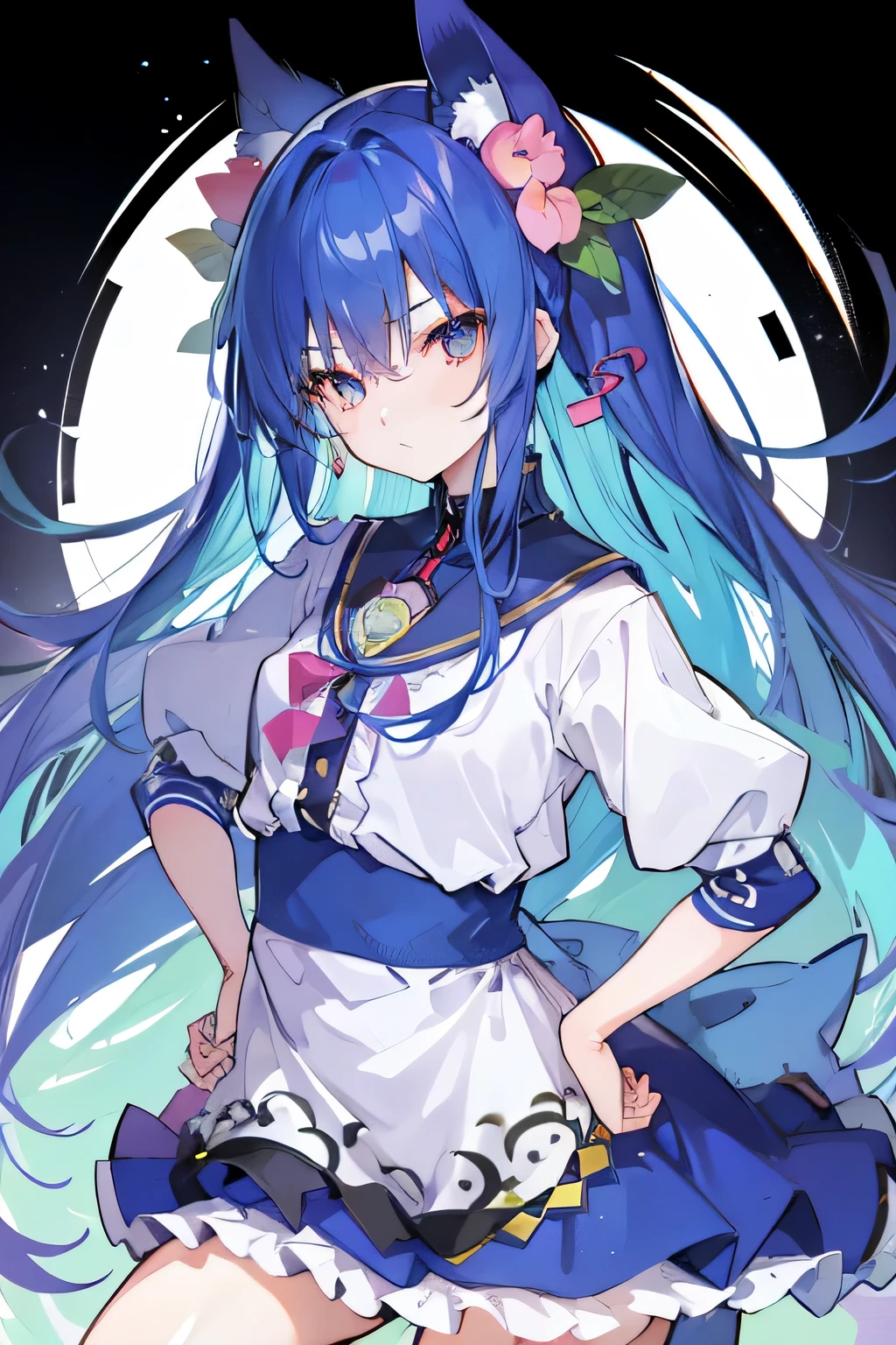 (masterpiece),best quality, expressive eyes, perfect face, 1girl,
Put your hands on your waist,fair, Gorgeous,Japanese cartoons,girl,lola,Hina Angel, blue hair, blue haired, floating clothes,Grab your waist, Grab your waist, hands on hips , hands on hips,sit, sit on ground, Legs on the ground, flat chest,envious eyes,starry sky,