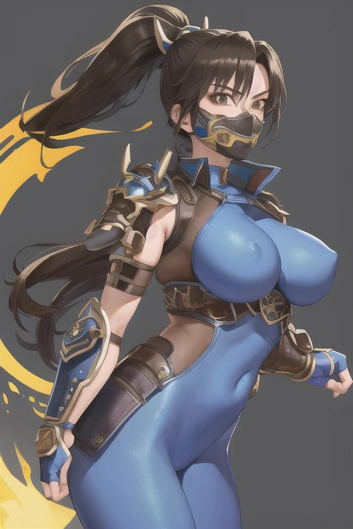 masterpiece, best quality, 1girl, solo, taki, blue bodysuit, fingerless gloves, arm guards, shoulder armor, mask