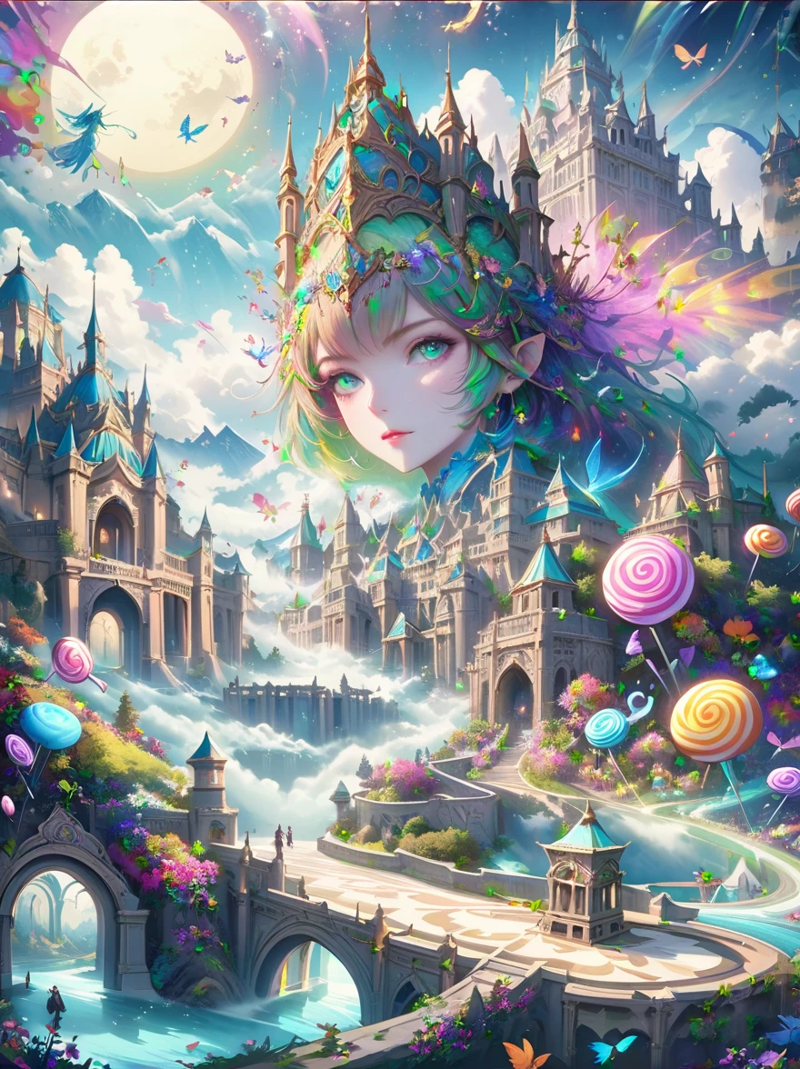 (masterpiece),（Super detailed：1.3），best quality，（shiny:1.2），（Winter wonderland village in dreamy mythology:1.4），(Van Gogh style wonderland architecture: 1.5),（The moon is empty），((fresh、chill、mountains、white mist、illusory、Vast、bamboo forest、frost flower、diamond、breeze、Bamboo leaves、Heavenly、lake、Ice、Lingzhi、ancient、Pavilion、mural、Ride the clouds、sacred、peaceful、Peaceful、otherworldly、beauty、peaceful、detail、energy、Pleasure、Isolation、treasure、Nature、magic、creativity)), illustration style, and decorations, Dreamy winter wonderland, Lovely design style, night，snowfield，full moon，bright colors、 ((Whimsical and charming fantasy)), surreal portrait, (Fantasy themed winter), (A whimsical wonderland), (rich and colorful, Landscape full of candy), (enchanting, magic的生物), (a vibrant, Palace surrounded by mist), (White Cloud Road), (Wonderland Castle) in distance, (Like a mirror, 不对称masterpiece钟表配件), (rich, fantastic colors), (twinkling stars) Elevated, (four dimensional dream), (Charming and charming atmosphere), (playful composition), (Vivid lighting effects), 1.4x more realism，ultra high definition，展现在这beauty的场景中，（Very detailed，Reasonable design，clear lines，high definition，masterpiece，official art，movie lighting effects，8K)