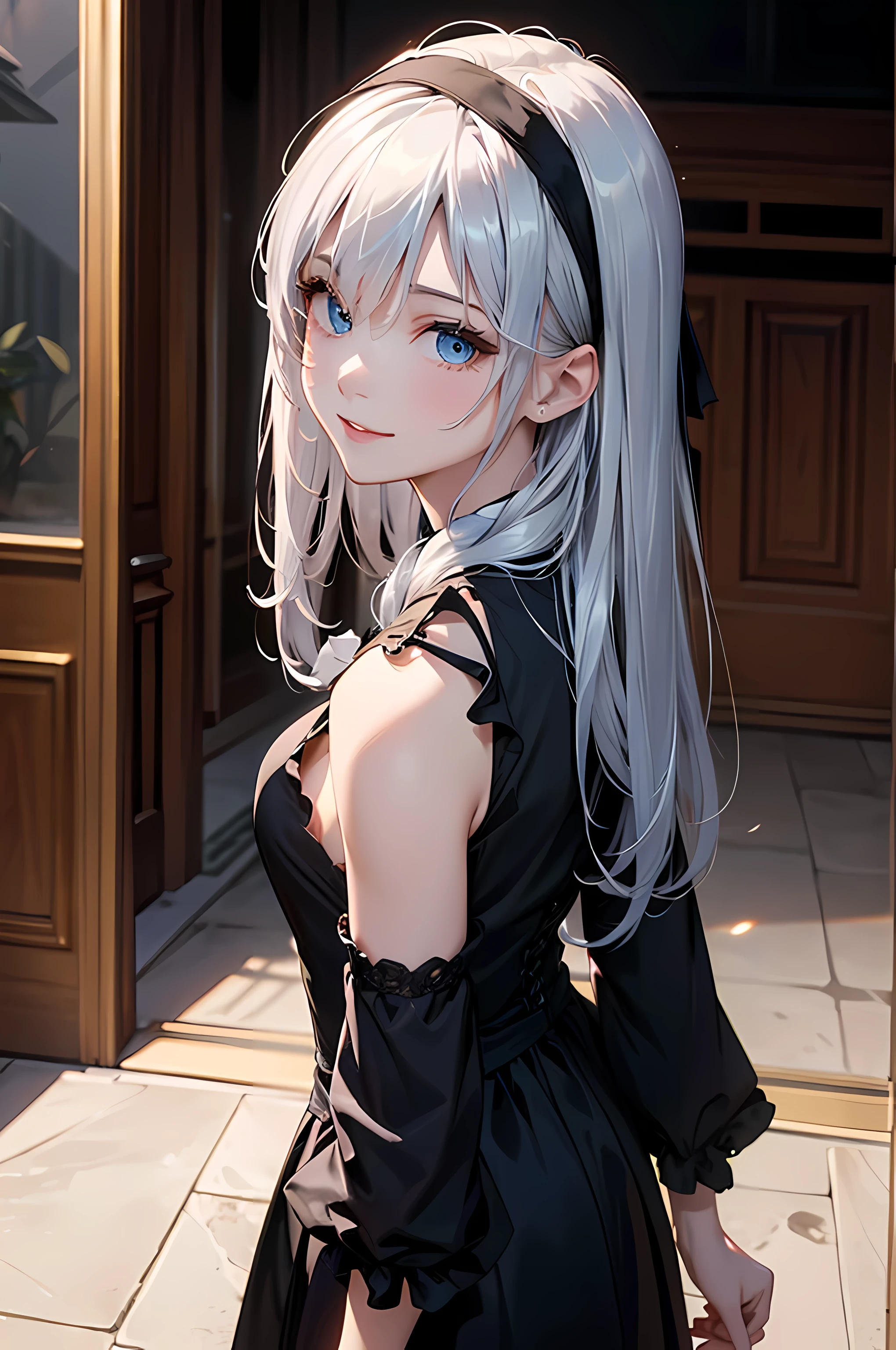 (best masterpiece, highest quality, highest quality,official art),(mature woman:1.3),(attractive woman made),((masterpiece, highest quality))、8K、one woman、((30 years old))、((silver hair))、long hair、messy hair、attractive woman、blue eyes、Big eyes、sparkling eyes、Beautifully drawn eyes、((close one eye))、smile、small bust、Black Gothic Maid、((white headband))、(look back)、(Knee to head:1.3)、Entrance of a luxurious house、aerial perspective、pure、transparent、Light、Light、Light、
