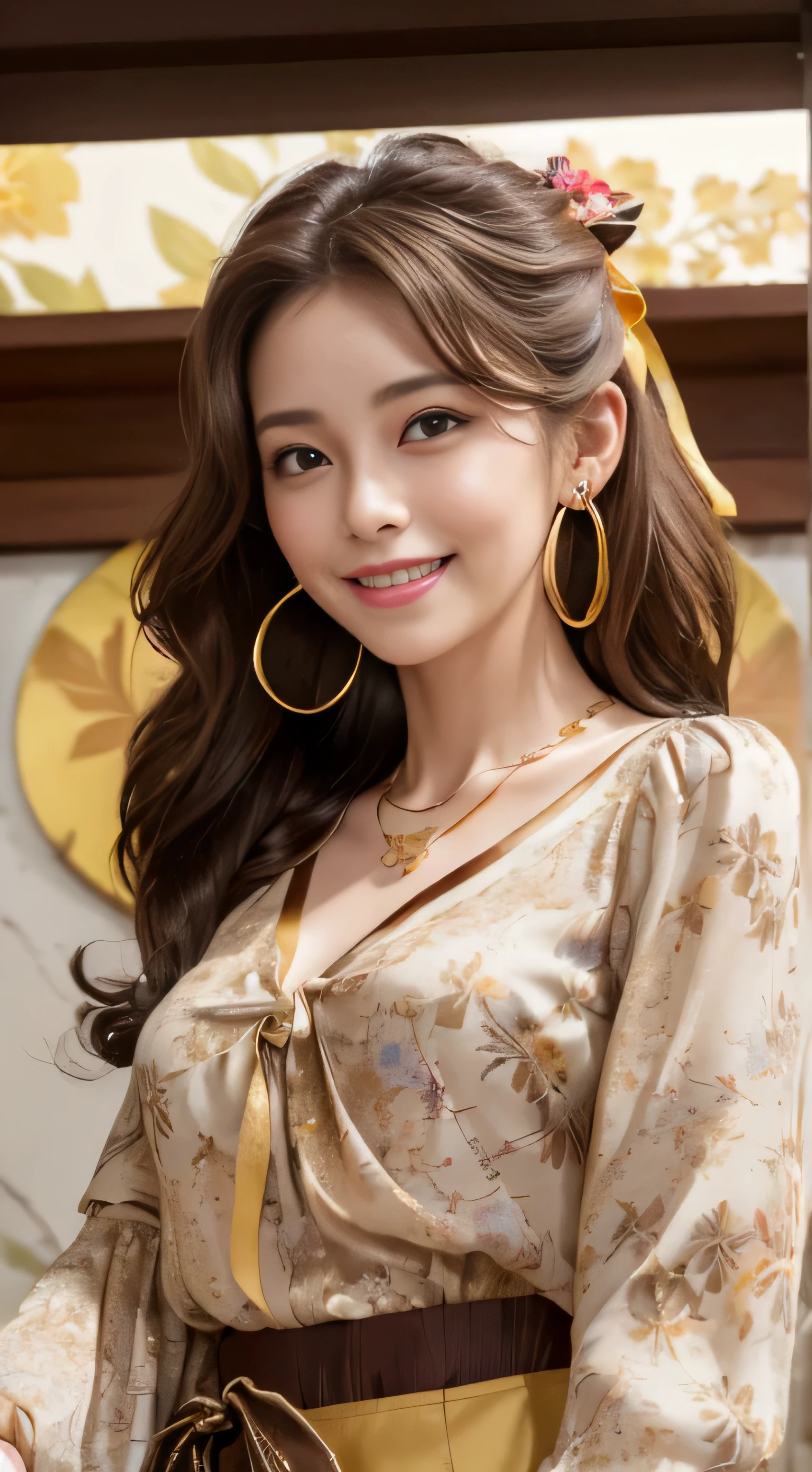 masterpiece, highest quality, realistic, Super detailed, small details, High resolution, 8k wallpaper, 1 beautiful woman, wear casual business wear, in a great restaurant, At night, light brown messy hair, perfect dynamic composition, beautiful and detailed eyes,((Hair with loose waves inside:1.2)),((gold necklace_Large earrings:1.2)),((Super long brown hair:1.2))、fullbody shot、((full figure supermodel standing, entire body in frame))、((look down at the viewer,from below:1.5))((((Floral blouse、Blouse with ribbon:1.3))、((shy smile:1.3))