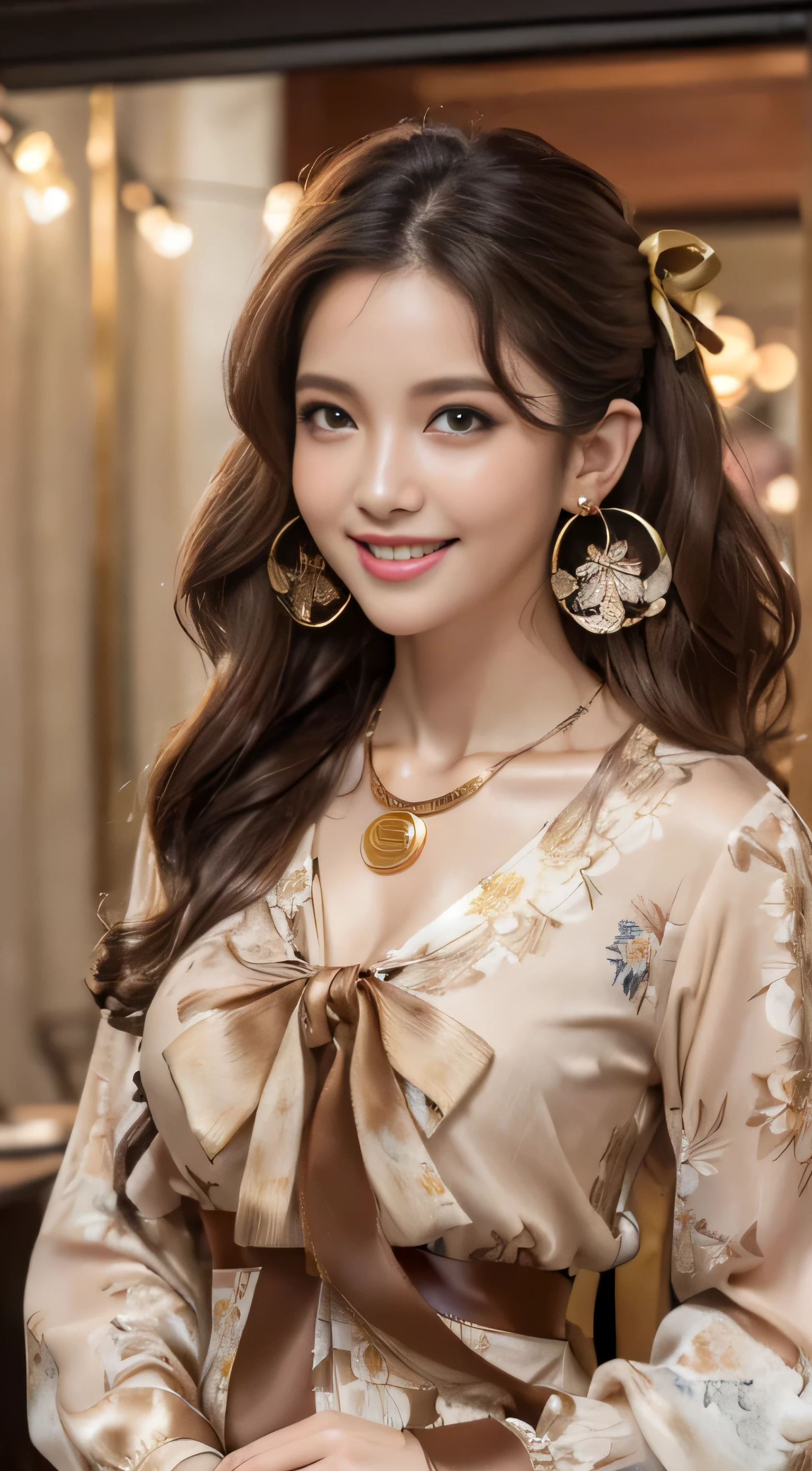 A close up of a woman wearing a dress and earrings - SeaArt AI