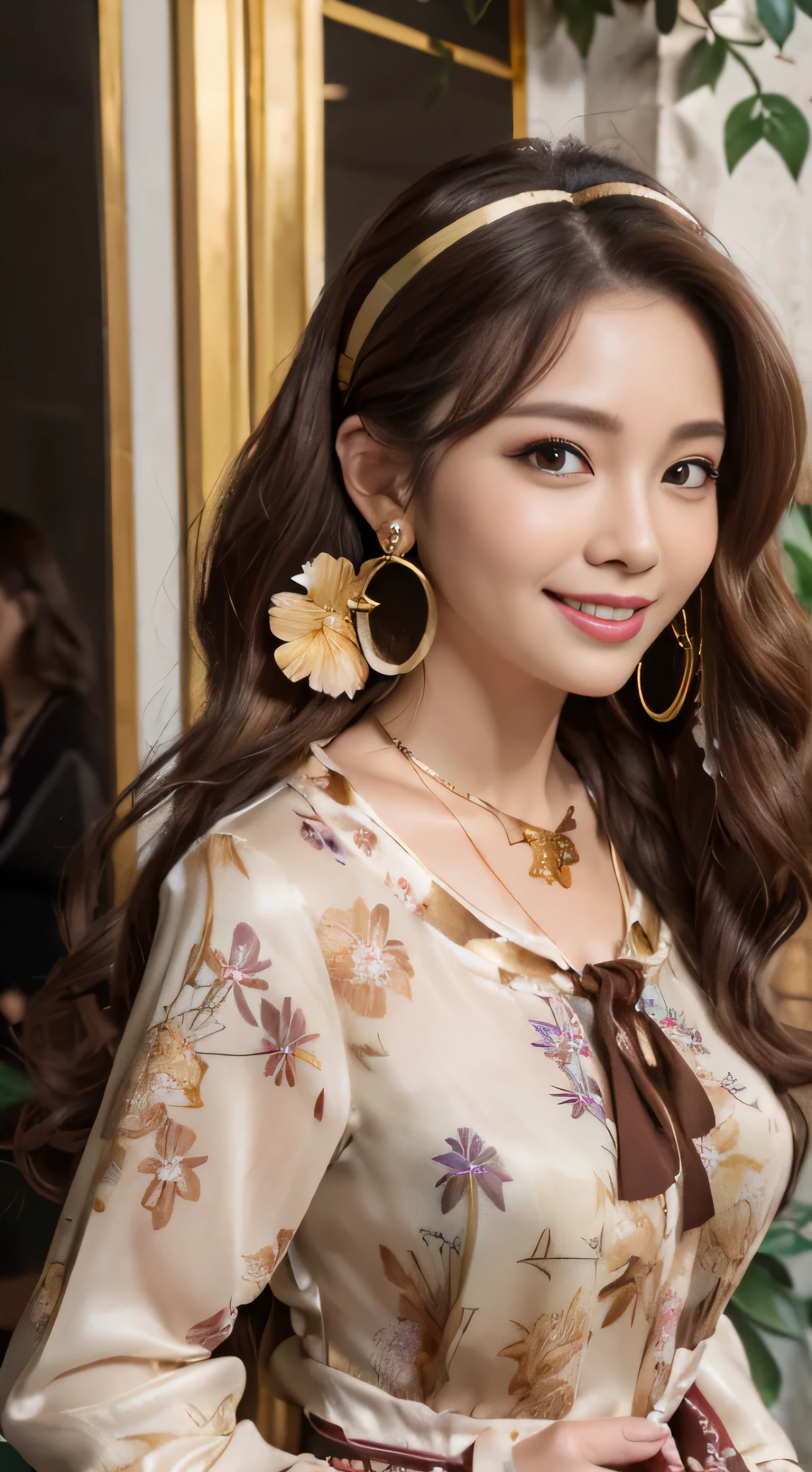 masterpiece, highest quality, realistic, Super detailed, small details, High resolution, 8k wallpaper, 1 beautiful woman, wear casual business wear, in a great restaurant, At night, light brown messy hair, perfect dynamic composition, beautiful and detailed eyes,((Hair with loose waves inside:1.2)),((gold necklace＿Large earrings:1.2)),((Super long brown hair:1.2))、fullbody shot、((full figure supermodel standing, entire body in frame))、((look down at the viewer,from below:1.5))((((Floral blouse、Blouse with ribbon:1.3))、((shy smile:1.3))