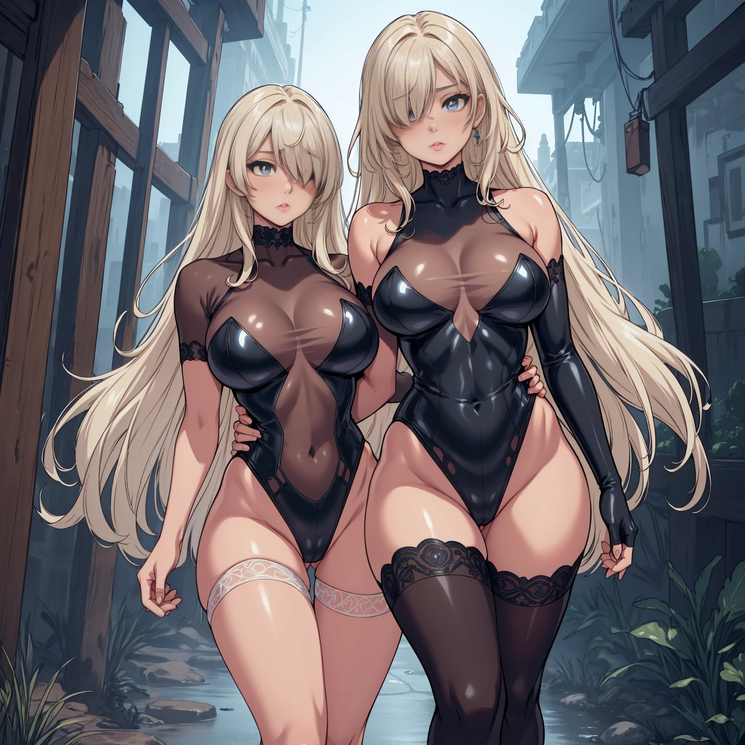 illustration, an extremely delicate and beautiful, Amazing, finely detail, extremely detailed CG unity 8k wallpaper, incredibly absurdres, huge filesize, ultra-detailed, highres, gorgeous detailed body, (extremely beautiful detailed eyes and face):1.5, light on face, cinematic lighting, ((best quality)), ((masterpiece)), (see through:1.5), professional artwork, muscular abs, wide hips, large breasts, leotard, full body angle, masterpiece, highres, hair over one eye, jewelry, black thighhighs, black leotard, bridal gauntlets, turtleneck, elbow gloves, walking outdoors, embarrassed, (very tight white bodyswit detailing breasts and shaved pussy), (alone Elisabeth Liones), (((alone, alone, alone, alone))).