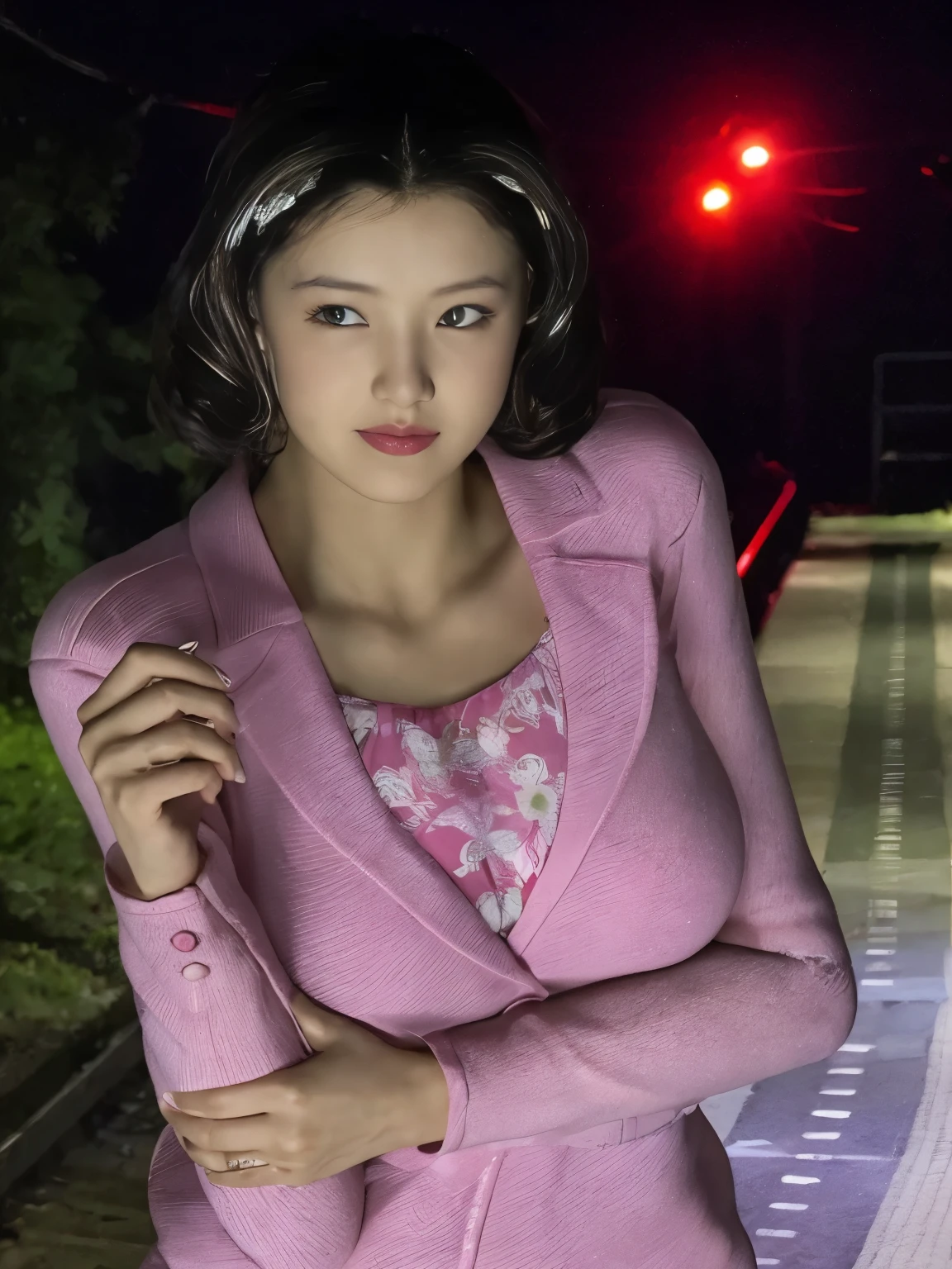 highest quality。8K-Picture。young gravure idol。Beautiful Women in perfect style。she'She's thin but her breasts are big。The charm of the gap。slim abs。dark brown hair。(big breasts:1.4)。cute eyes。double eyelid。length, wavy hair。Very delicately drawn face。perfect style。Shot in a red swimsuit。(The fate of gravure idols、big breasts:1.4)。subtle smile or shy。
