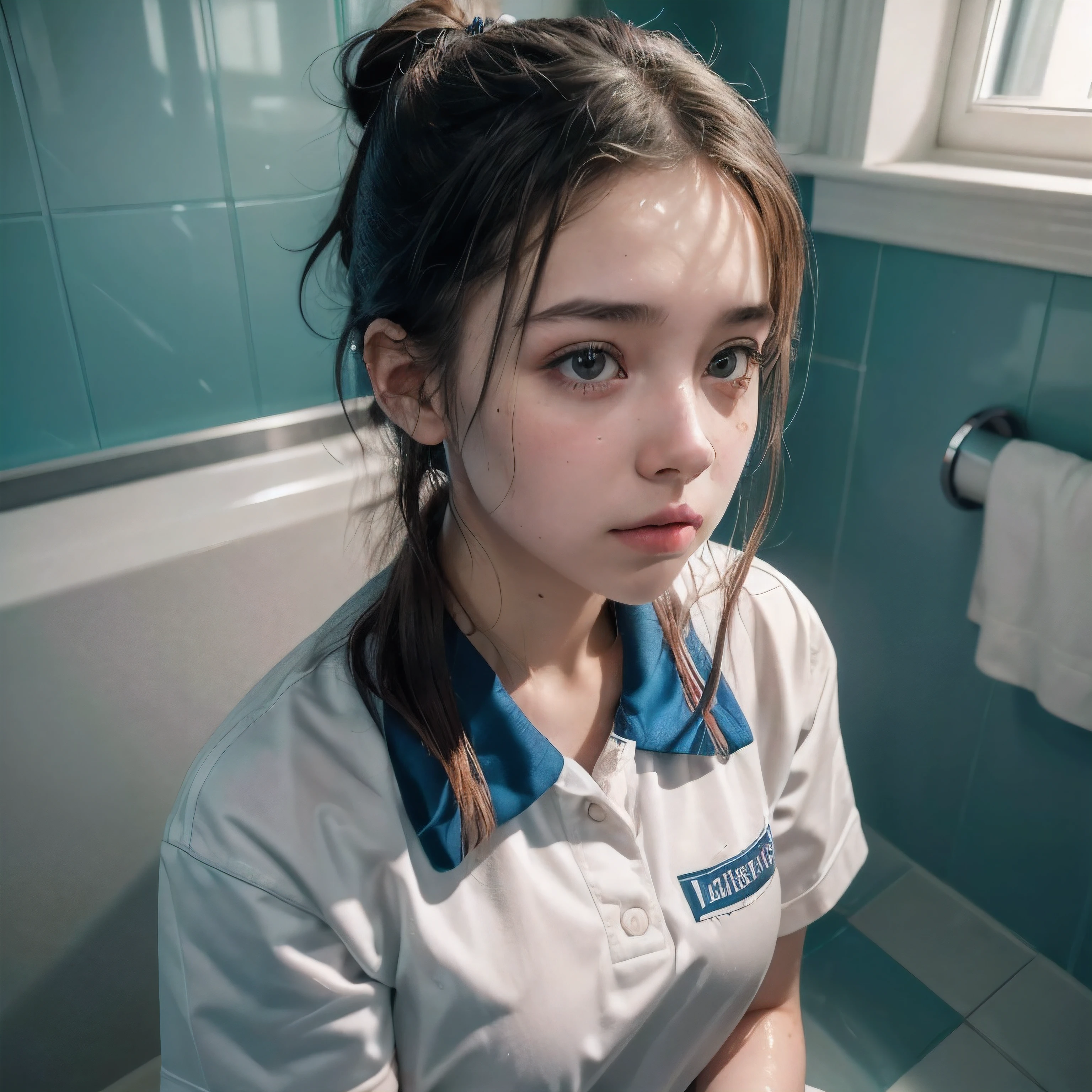 (best quality, highres, ultra-detailed, realistic:1.37), teenage girl, bathroom, , wet uniform, thick thighs, high ponytail, eye contact, embarrassed, illustrative, vibrant colors, soft lighting