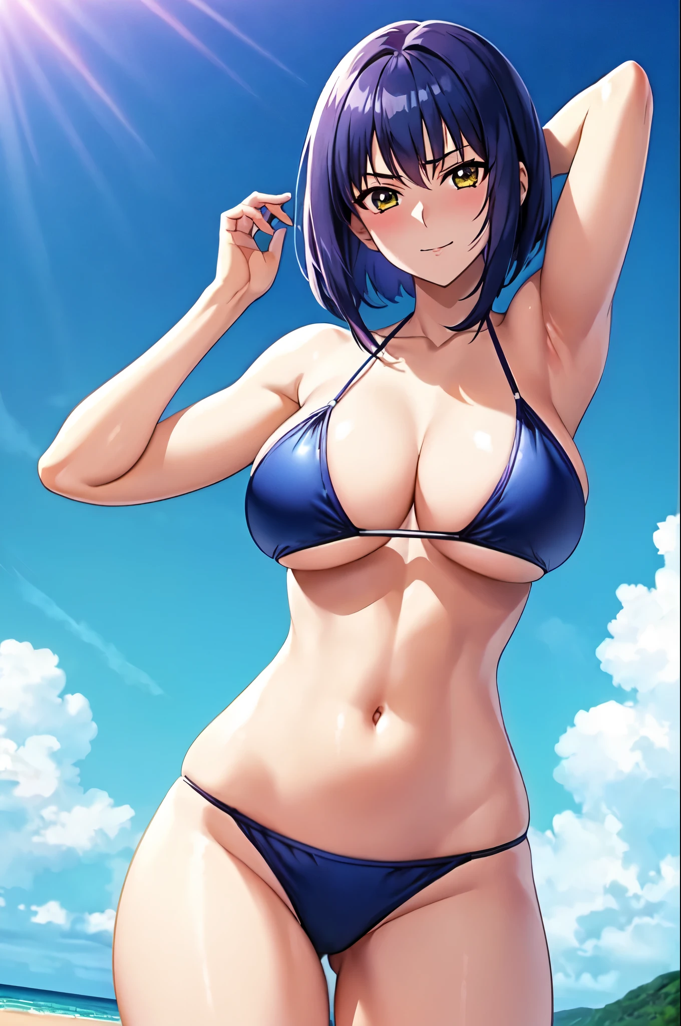 アニメの女の子 in a bikini posing on the beach、woman with short dark blue hair、Yellow-eyed woman、scarface、realistic bikini、seductive anime woman、swimsuit、かっこいいanime woman、4K style、is wearing a swimsuit、attractive anime girl、on the beach、highly detailed art germ、tall woman、Handsome atmosphere、strong muscles、big breasts、woman with very large breastuscular and strong、tall woman、muscular woman、anime moe art style、naughty anime style、digital anime art!!、female focus、Smooth anime CG art、in a triangle bikini、美しいanime woman、cleavage、bikini with an navy blue top、bikini with an navy blue bottom、whole body、sexy anime woman、a woman is standing、 attractive anime woman、in a bikini、(anime woman)、 anime best wo bikini、beautiful anime woman、Beautiful charming anime 、digital anime art、