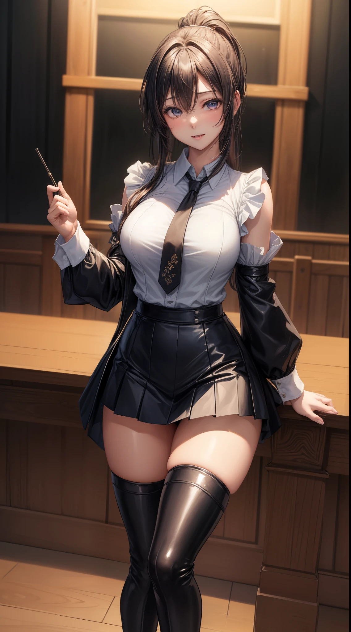 (((woman))), (((best quality person))), (masterpiece、highest quality:1.2), cowboy shot, solo, 1 girl, shirase sakuya, laughter, look at the audience, high ponytail, , collared shirt, tie, skirt、black leather thigh boots、high heels、expensive、long legs、thighs thighs thighs、full body image、expensive、Absolute area、