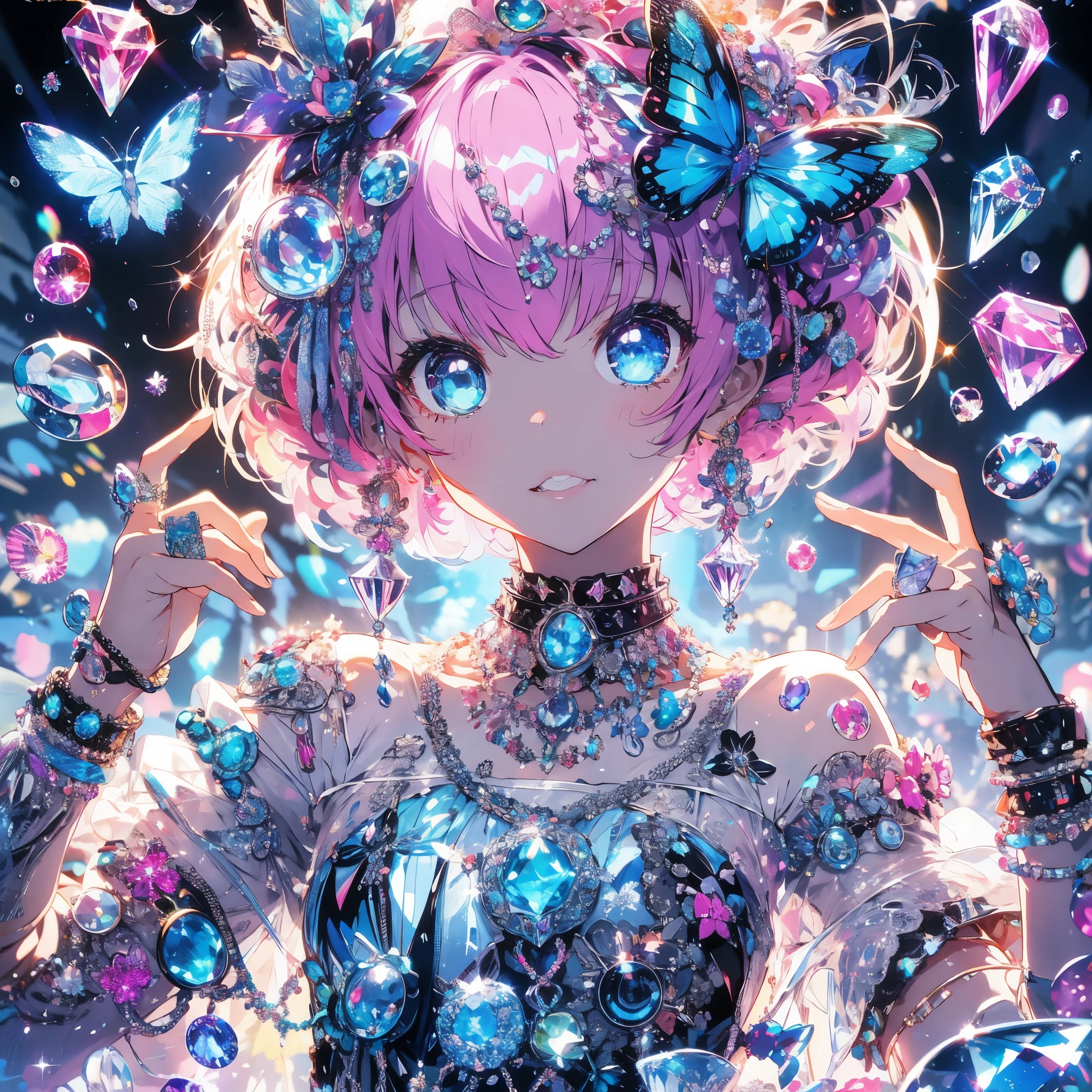 Create a high-resolution, highest quality vivid anime scene focusing on shiny, reflective, bright jewelry elements. The girl with glowing pink bobbed hair and luminous blue eyes is adorned in a crystal clear costume, heavily accented with punk and whimsical elements, blue butterfly accessories, and numerous gems. The background features abstract glow chaos with scattered gems and focused light effects on the gems' sparkle, creating a lavish scene of profuse blooming. The artwork combines rich textures, detailed linework, cell shading, and vivid colors to highlight the luxurious allure of jewelry.