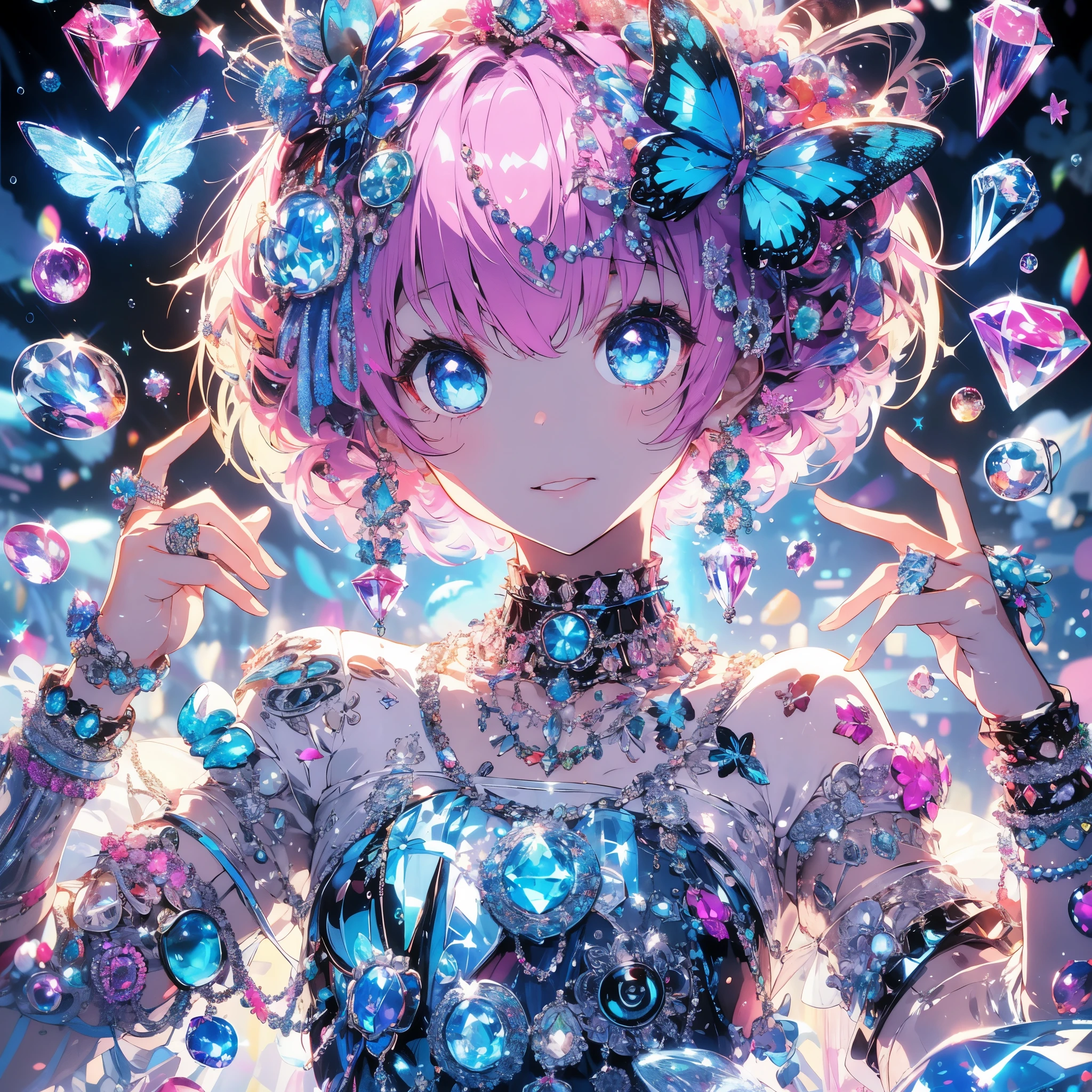 Create a high-resolution, highest quality vivid anime scene focusing on shiny, reflective, bright jewelry elements. The girl with glowing pink bobbed hair and luminous blue eyes is adorned in a crystal clear costume, heavily accented with punk and whimsical elements, blue butterfly accessories, and numerous gems. The background features abstract glow chaos with scattered gems and focused light effects on the gems' sparkle, creating a lavish scene of profuse blooming. The artwork combines rich textures, detailed linework, cell shading, and vivid colors to highlight the luxurious allure of jewelry.