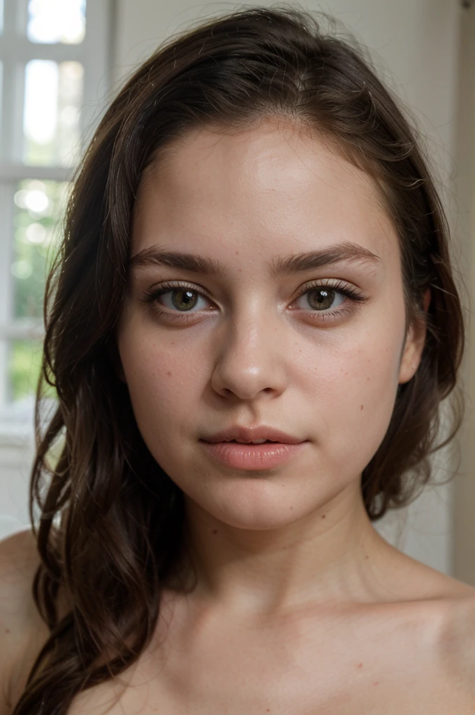 to generate a hyper-realistic image of the face of an 18 year old girl of European and American descent with perfect, well lined eyes and brown eyes, with brown hair, beautiful delicate lips and a thin, upturned nose, straight hair, tender and delicate face, kind, innocent, innocent look, delicate, tender face without imperfections, symmetrical and extremely proportionate and perfect,backcombed hair.