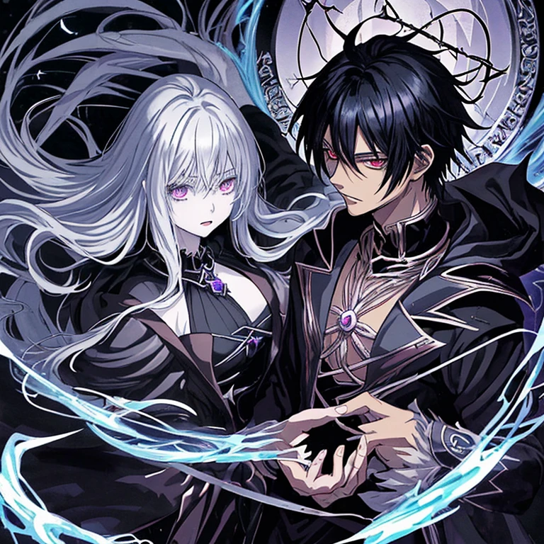Create a manga cover about dark magic themed anime. The protagonist is a Black-haired guy with a demon power. Alongside him is a pretty silver-haired goddess mage.