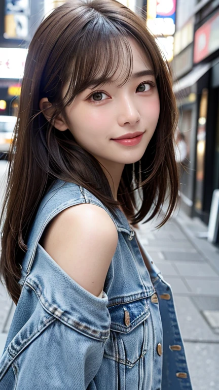 (((Shoulder-length straight brown hair mini bob)))、(((目が細くlight eye makeup)))、(((standing alone on the rider&#39;Jacket and denim against the backdrop of the alleys of Kabukicho at night.)))、(((Please come wearing clothes that cover your arms.)))、Half Japanese and Korean、18 year old girl、independent、facing forward、light eye makeup、brown hair color、flat 、hair blowing in the wind、quality of actress、shiny, super realistic face、smileの表情、Moist eyes、look up、Calming lighting effects、 ultra-realistic capture、very detailed、High resolution 16K close-up of human skin。Skin texture must be natural、Must be so detailed that pores are visible、skin is healthy、Must be an even tone、Use natural light and color、High quality photos taken by a modeling agency&#39;Exclusive photographer、smile
