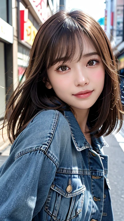 (((Shoulder-length straight brown hair mini bob)))、(((目が細くlight eye makeup)))、(((standing alone on the rider'Jacket and denim against the backdrop of the alleys of Kabukicho at night.)))、(((Please come wearing clothes that cover your arms.)))、Half Japanese and Korean、18 year old girl、independent、facing forward、light eye makeup、brown hair color、flat 、hair blowing in the wind、quality of actress、shiny, super realistic face、smileの表情、Moist eyes、look up、Calming lighting effects、 ultra-realistic capture、very detailed、High resolution 16K close-up of human skin。Skin texture must be natural、Must be so detailed that pores are visible、skin is healthy、Must be an even tone、Use natural light and color、High quality photos taken by a modeling agency'Exclusive photographer、smile
