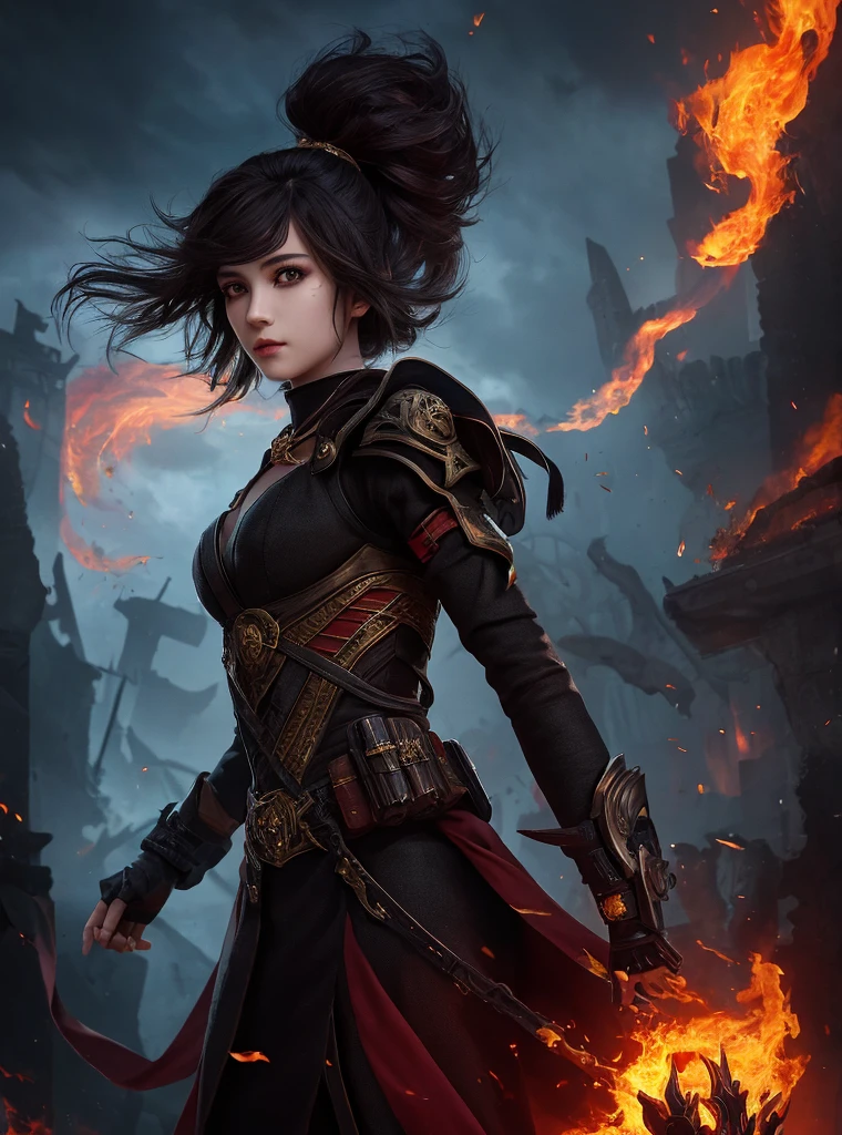 1girl,solo,masterpiece, best quality,fantasy,dark,shadow,
face is important,boy is important,eyes are important,rThe character is the main body of the work,(upper body),
flames,ruins, swirling magic,