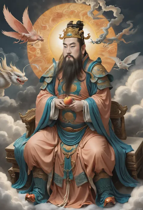 yongle_style ,sun wukong ,peach，yongle style,1man,a deity steps on clouds and flies,