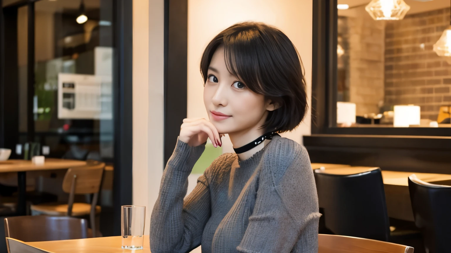 japanese woman, Beauty salon model 30 years old, slender body shape, small breasts, very thin waist, beautiful face, beautiful eyes, black short hair, She wears tight, Short gray knit dress with open back design., Sitting in a fashionable café, look back at you kindly, 1 girl, alone, detailed face and eyes, small fingers and arms. full body photo. realistic, realistic., choker