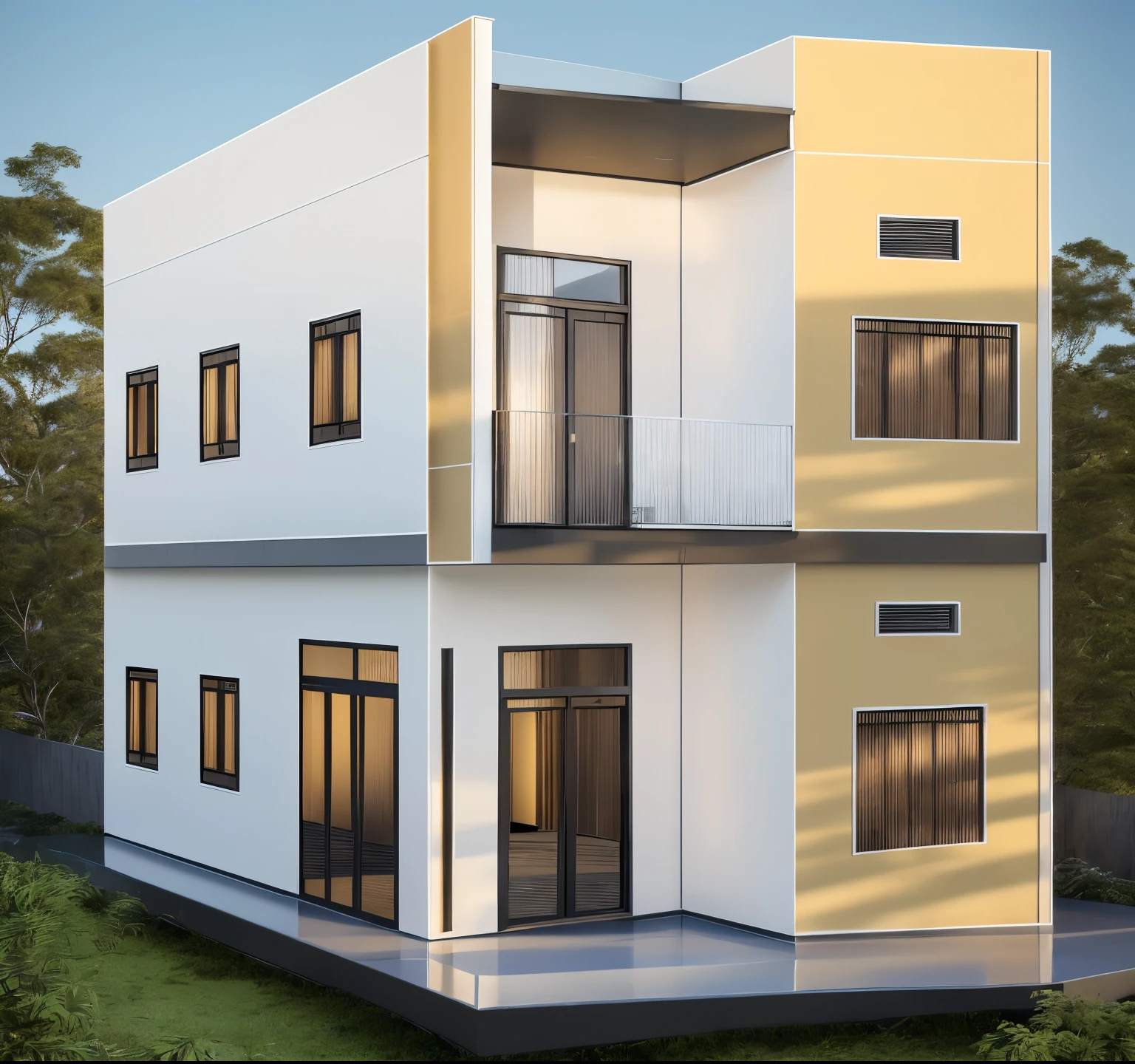 (best quality,4k,8k,highres,masterpiece:1.2),ultra-detailed,(realistic,photorealistic,photo-realistic:1.37), Exterior, modern house, sunset, vivid colors, HDR, professional, sharp focus, physically-based rendering, bokeh, studio lighting, beautiful detailed windows, extraordinary architectural design, luxurious entrance, spacious outdoor area, elegant landscaping, stylish color palette, breathtaking view, warm golden sunlight, serene atmosphere, majestic silhouette, peaceful neighborhood, cozy rooftop terrace, sophisticated glass facade, sleek lines, clean and minimalist aesthetic, harmonious blend of nature and modernity, high-end materials and craftsmanship, awe-inspiring contemporary architecture.