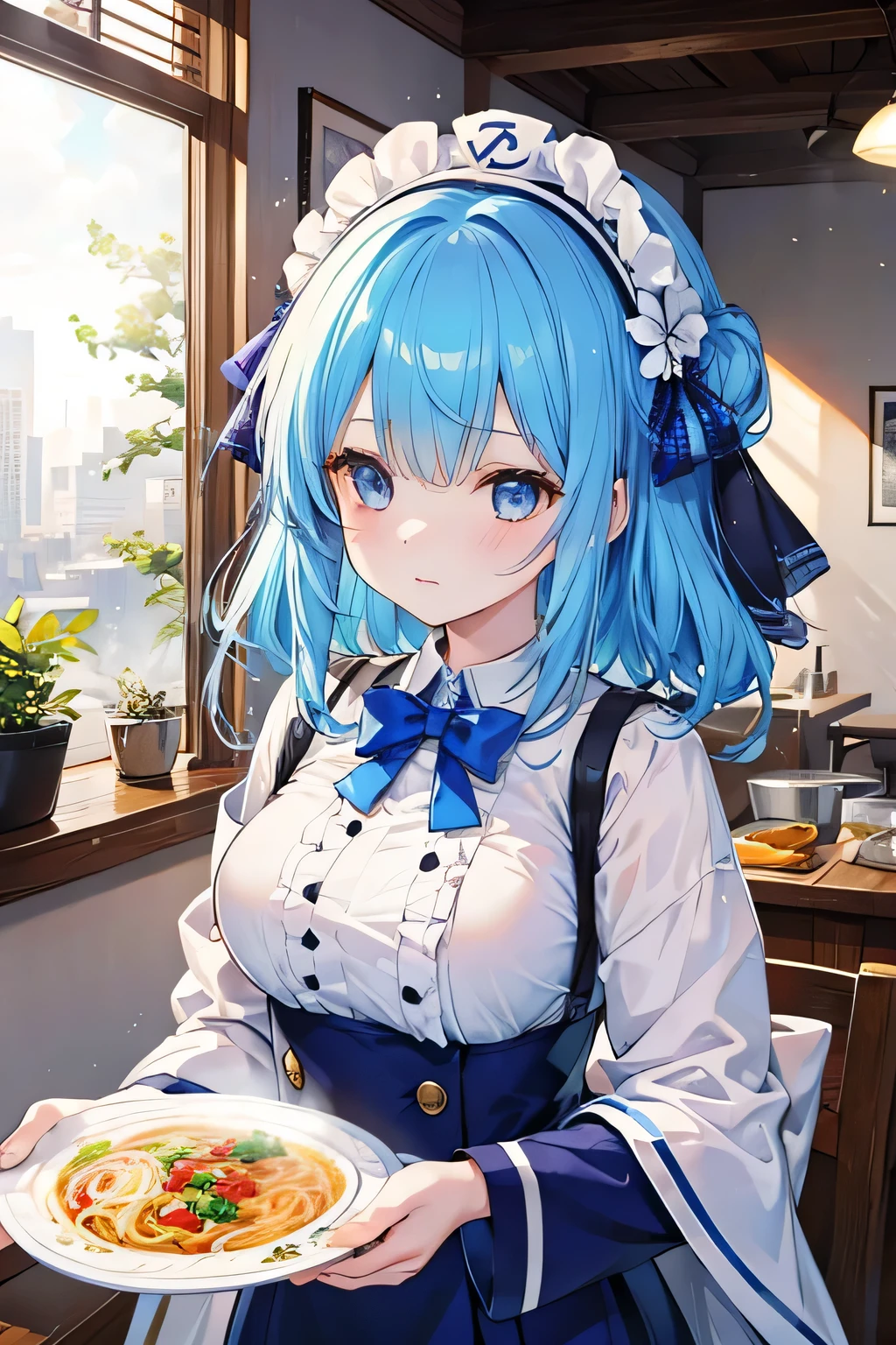 There&#39;s a girl in a big ramen plate、blue eyes、blue hair、Shiny noodles、Shining broom