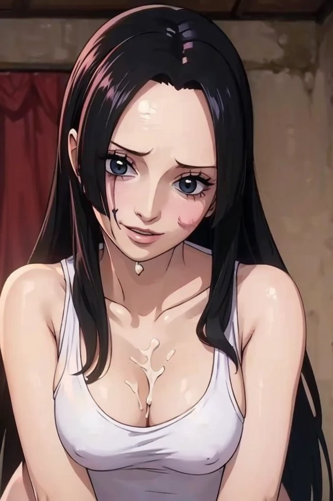 (((masterpiece))), (((best quality))), ((ultra-detailed)), (highly detailed CG illustration), Boa Hancock, (nsfw:1.4), (masterpiece:1.5), Detailed Photo, Smiling, Sexy, (Best Quality: 1.4), (1girl), Beautiful Face, (Black Hair, long Hair: 1.3), Beautiful Hairstyle, beautiful detail eyes, (realistic skin), beautiful skin, absurd, attractive, ultra high resolution, high definition, (sexually aroused:1.5), Pinkish white skin, cool white light, sexy pose, Beautiful , white background, pink soft white light, Wear a white tank top, (bukkake:1.8), (zombie girl:1.6)