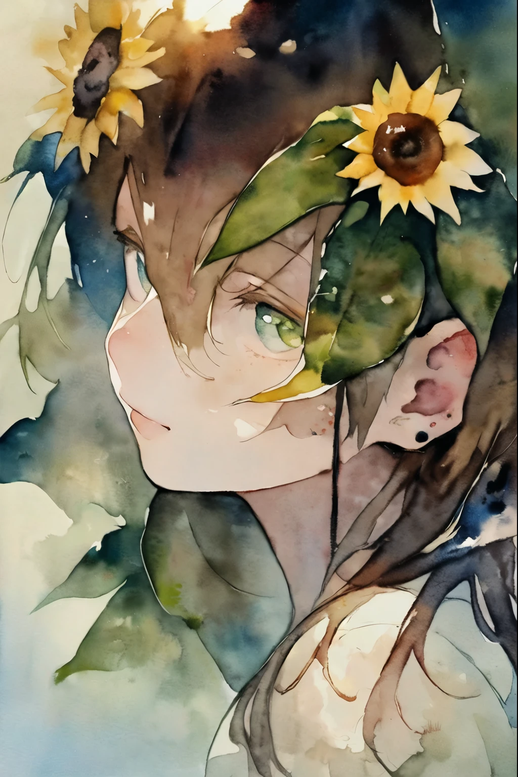 (watercolor:1.2),1 girl, alone, flower, sunflower,freckle, portrait, leaf, Bangs, sign, yellow flower, brown hair, long hair, green eyes, hair between eyes, flower earrings