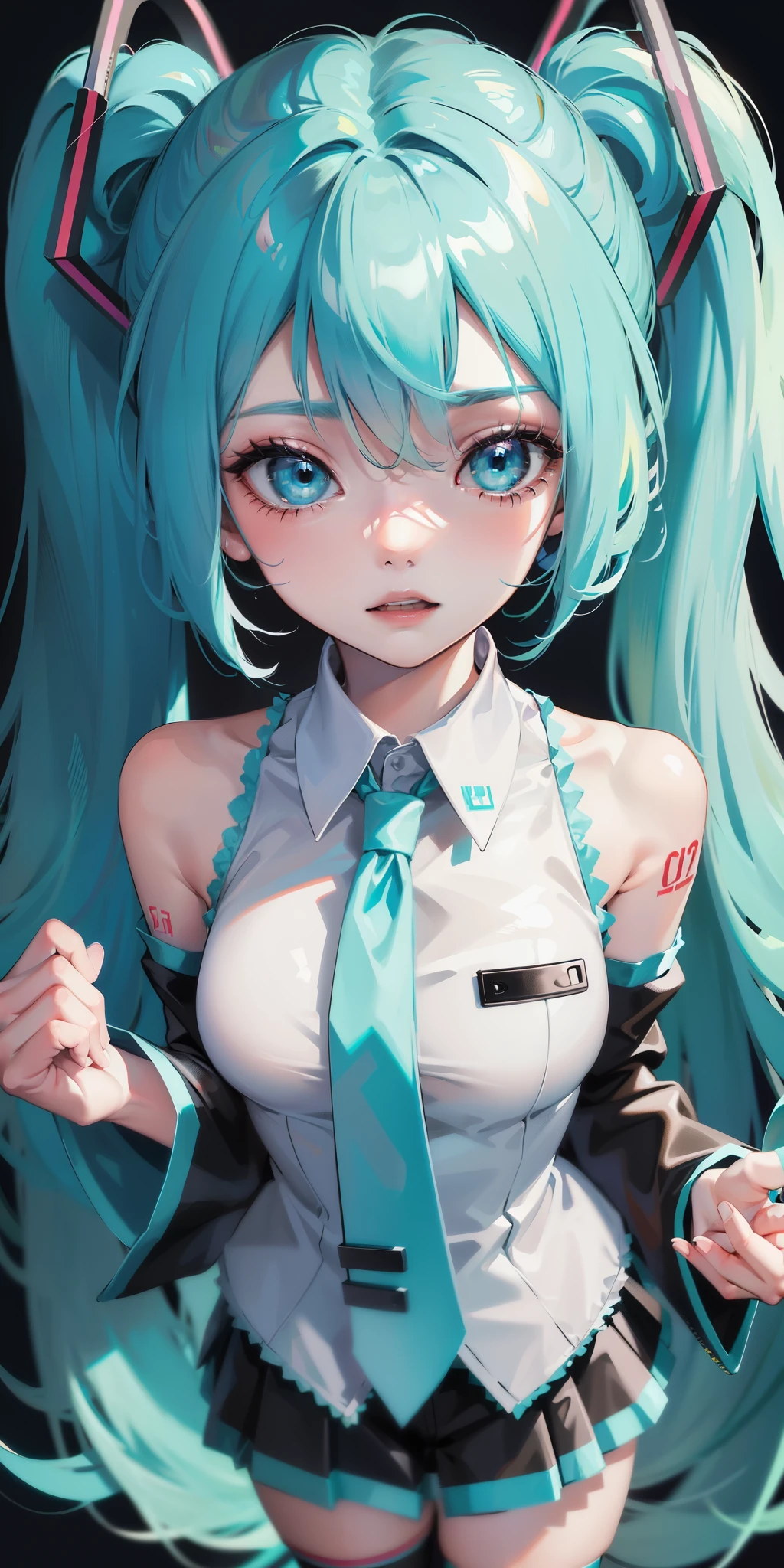 hatsune miku,
1girl,aqua eyes,aqua hair,ass visible through thighs,bandaid,bandaids on nipples,bare shoulders,blush,bow,breast cutout,breastless clothes,breasts,coat,coat partially removed,collared shirt,covered nipples,cowboy shot,crossed bangs,double-parted bangs,dress,garter belt,groin,hair bow,hat,hip vent,holding,holding syringe,id card,long sleeves,number tattoo,nurse,nurse cap,one eye closed,open clothes,open coat,parted lips,pasties,shirt,short dress,simple background,skindentation,small breasts,solo,syringe,tattoo,thigh gap,thighhighs,twintails,white coat,white dress,
(quasarcake:0.2),masterpiece,best quality,very awa,masterpiece,best quality,year 2024,newest,highres,absurdres,,<lora:huiP1-000198:1>